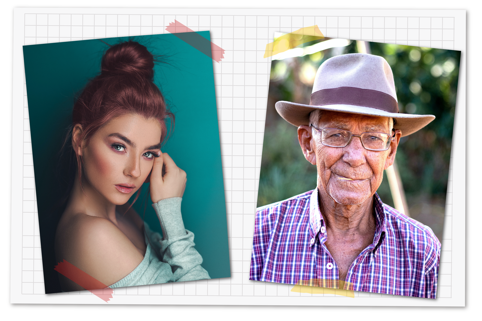 Ilustracja przedstawia kobietę w jasnej bluzce oraz starszego mężczyznę w kapeluszu, okularach i fioletowej koszuli w kratę.