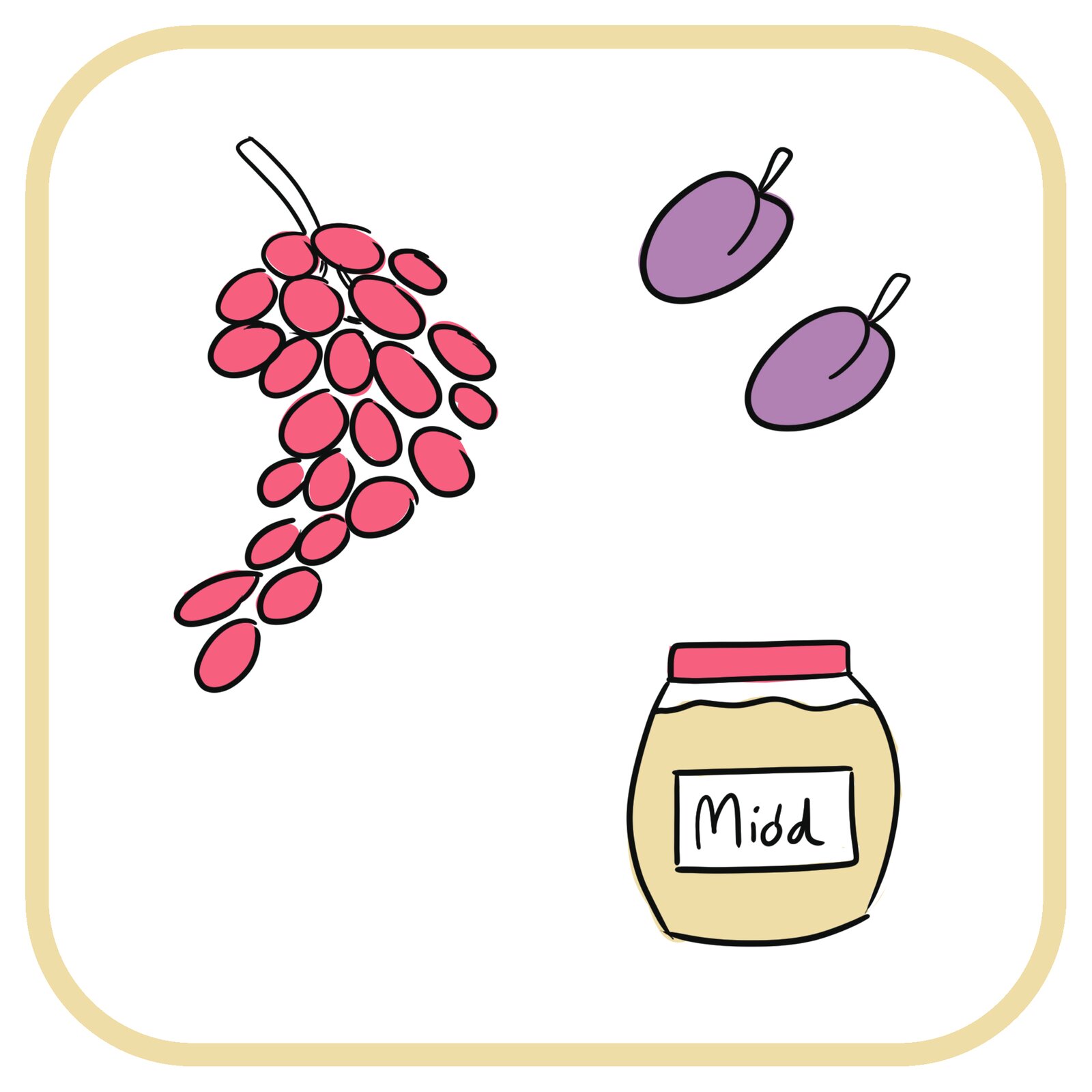 Od lewej: winogrona, śliwki, miód w słoiku.