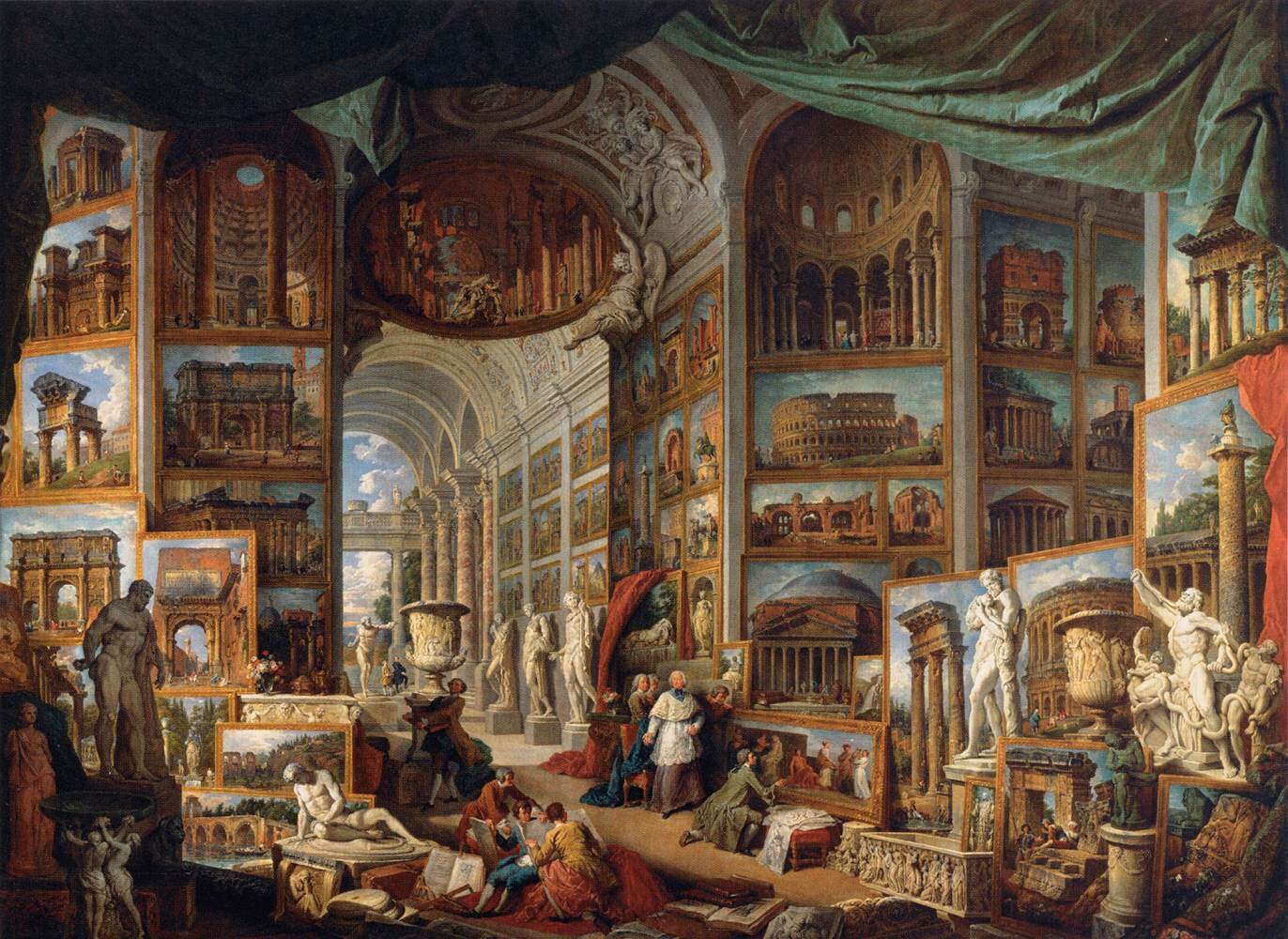Galeria widoków starożytnego Rzymu Źródło: Giovanni Panini, Galeria widoków starożytnego Rzymu, 1754–1757, olej na płótnie, Luwr, domena publiczna.