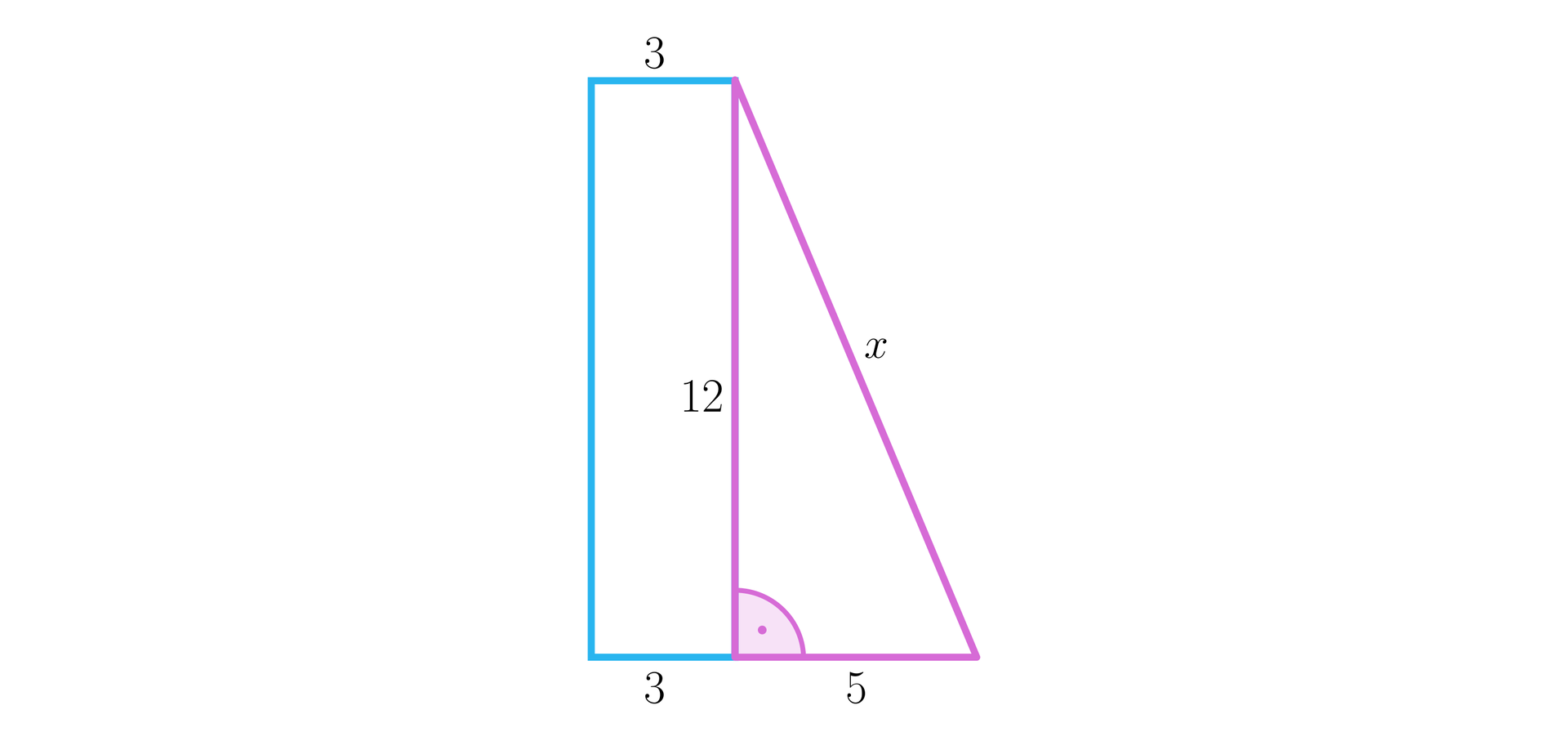 Ilustracja przedstawia trapez prostokątny. Krótsza podstawa trapezu ma długość trzy, ukośne ramię trapezu ma długość x. W trapezie zaznaczono wysokość, która dzieli trapez na prostokąt i trójkąt prostokątny. Wysokość ma długość dwanaście i dzieli dłuższą podstawę na dwie części: jedną o długości 3, a drugą o długości pięć
