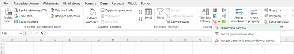 Ilustracja przedstawia pasek narzędzi arkusza kalkulacyjnego. Na wstążce wybrano zakładkę dane. Na zakładce Dane wybrano narzędzia danych. Zaznaczono opcję poprawność danych.