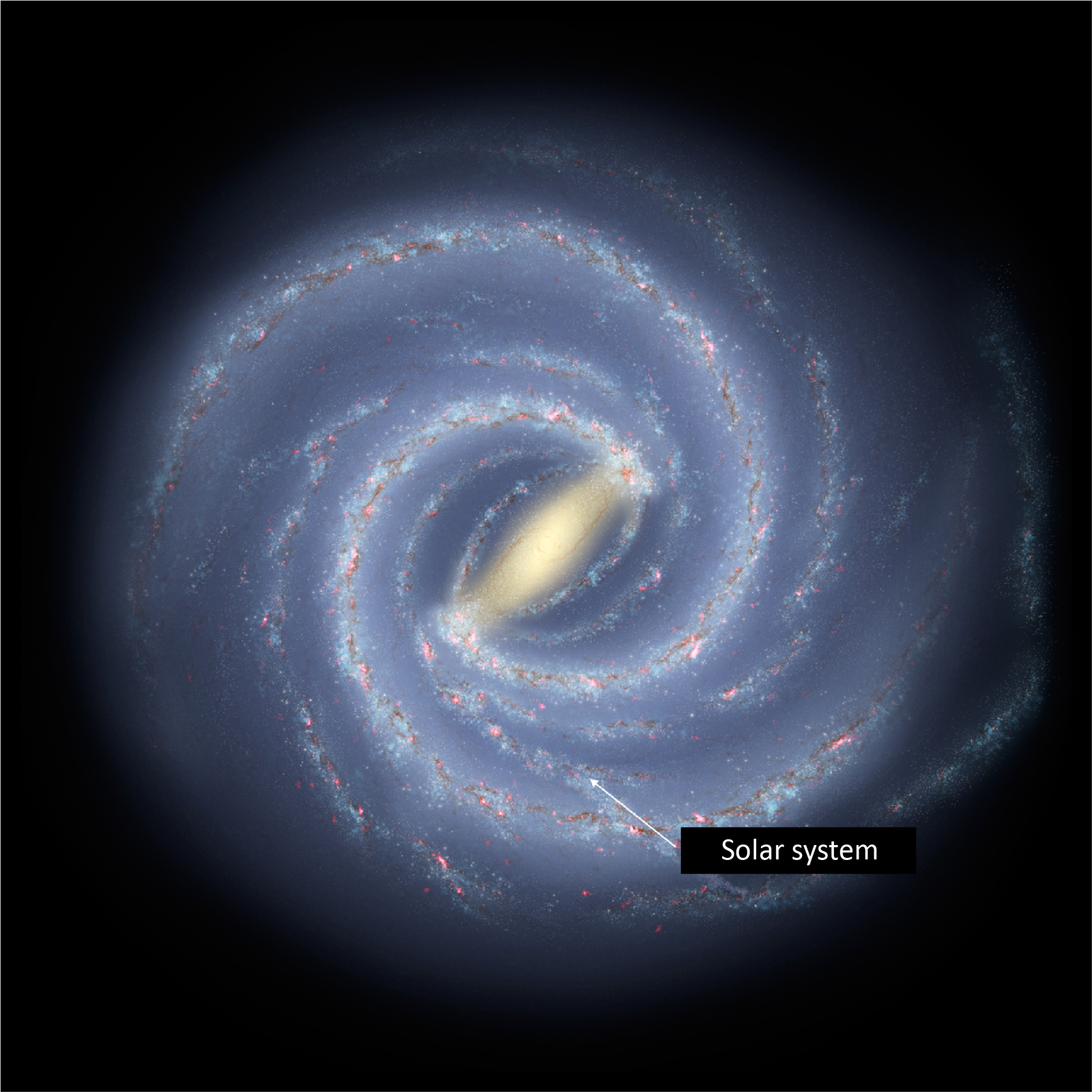 Grafika prezentuje wygląd galaktyki Drogi Mlecznej. Galaktyka prezentowana od góry ma kształt spiralny, w jej centrum znajduje się jądro. W połowie jej promienia zaznaczono Układ Słoneczny.