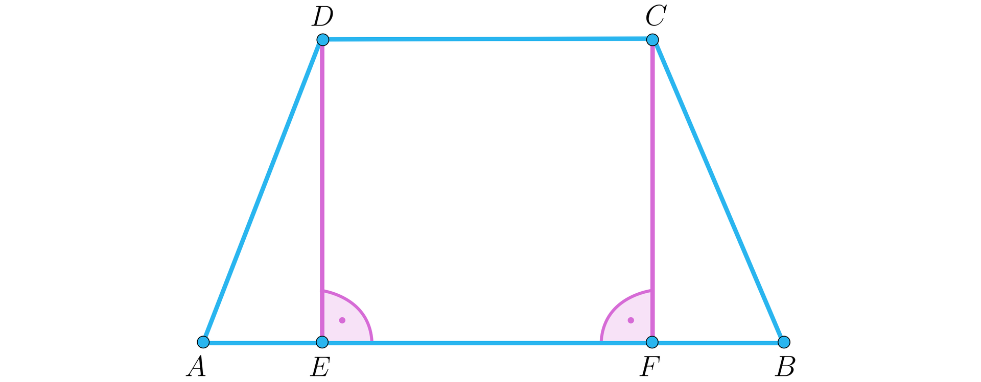 Ilustracja przedstawia trapez równoramienny ABCD. Podstawami są odcinki AB i DC. Wysokości to odcinki DE oraz DF upuszczone na dłuższą podstawę.