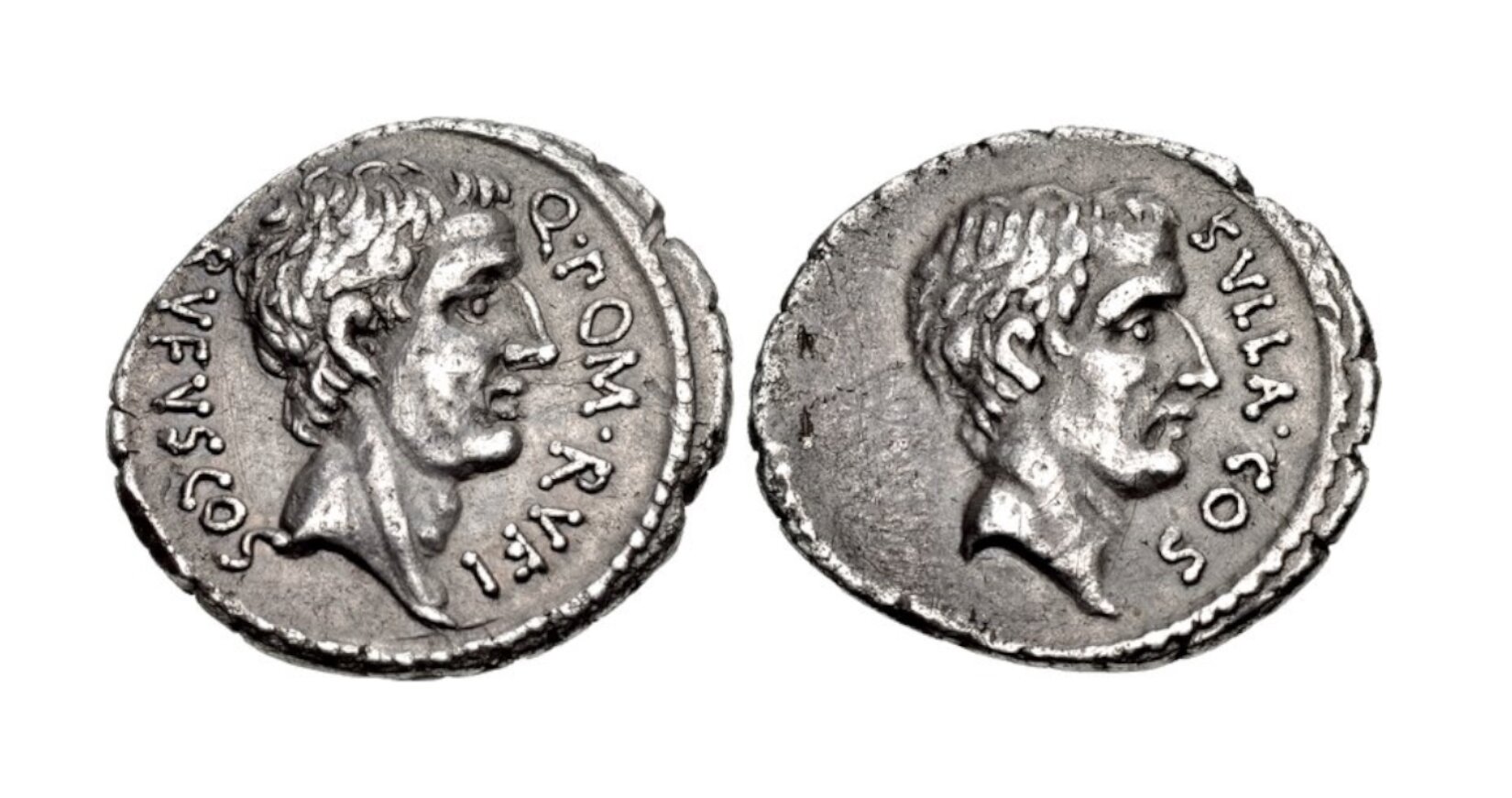 Fotografia przedstawia widok na awers i rewers monety wybitej w erze republikańskiego Rzymu. Na monecie wybito podobiznę Sulli wraz z inskrypcją. 