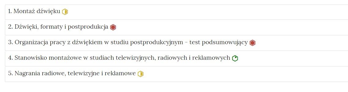 Grafika przedstawia widok interaktywnego materiału sprawdzającego, czyli zbioru poszczególnych zadań w formie listy z nazwami zadań, gdzie po kliknięciu w nazwę zadania pojawi się jego zawartość. Na liście, na prawo od nazwy każdego zadania widnieje ikonka informująca o poziomie trudności danego zadania.
