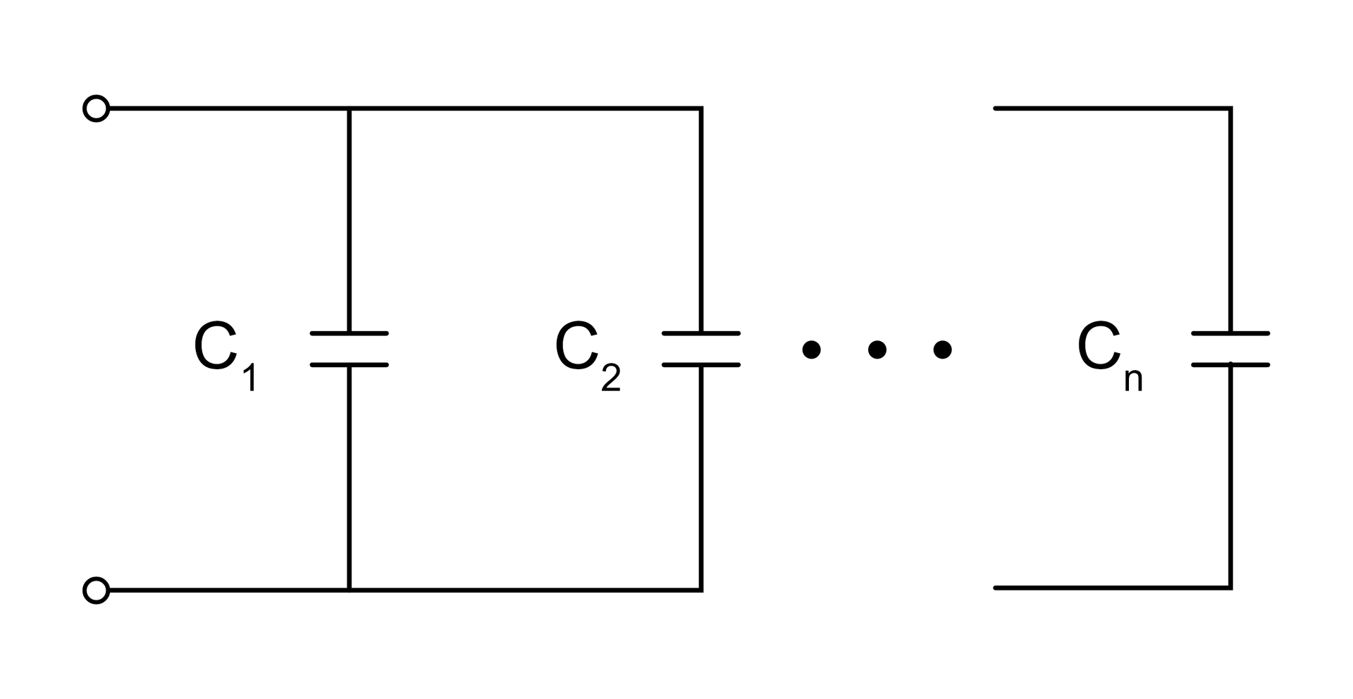 Ilustracja przedstawia przykładowe połączenie równoległe kondensatorów. Jest to schemat, na którym znajdują się kondensatory C1, C2 ... Cn, połączone ze sobą równolegle.