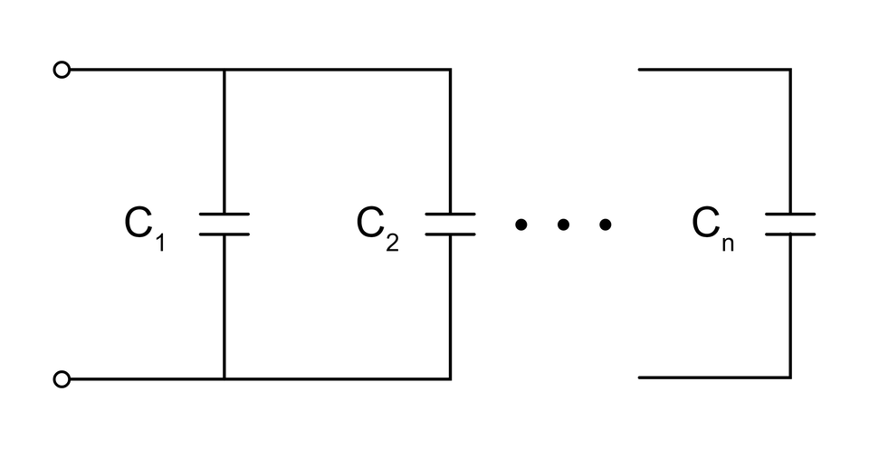 Ilustracja przedstawia przykładowe połączenie równoległe kondensatorów. Jest to schemat, na którym znajdują się kondensatory C1, C2 ... Cn, połączone ze sobą równolegle.