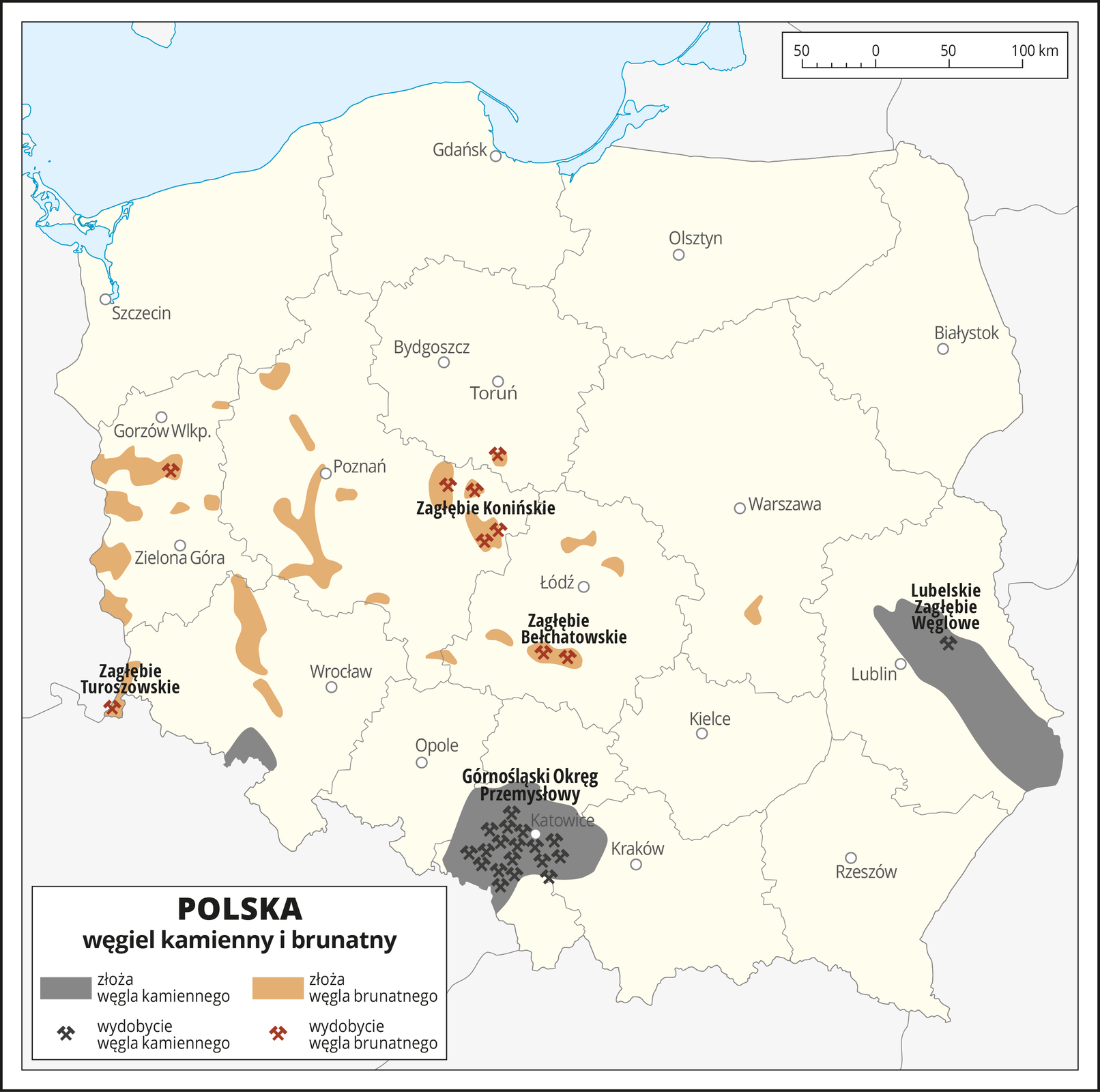 Ilustracja przedstawia mapę Polski z podziałem na województwa. Na mapie oznaczono i opisano główne miasta województw. Od lewego górnego rogu: Szczecin, Gdańsk, Olsztyn, Bydgoszcz, Białystok, Toruń, Gorzów Wlkp., Poznań, Warszawa, Zielona Góra, Łódź, Wrocław, Lublin, Kielce, Opole, Katowice, Kraków, Rzeszów. Na dole mapy w legendzie opisano znaki użyte na mapie. Kolorem szarym oznaczono obszary złóż węgla kamiennego, kolorem brązowym obszary złóż węgla brunatnego. Symbolem godła górniczego (godło składa się z dwóch skrzyżowanych narzędzi: żelazka i pyrlika) w kolorze czarnym oznaczono kopalnie wydobycia węgla kamiennego, natomiast w kolorze czerwonym — węgla brunatnego. Oznaczone na mapie obszary, na których występują złoża węgla i miejsca wydobycia węgla, zasadniczo pokrywają się ze sobą. Opisano nazwy okręgów przemysłowych. Złoża węgla kamiennego występują w województwie śląskim, tam też jest największe wydobycie. Drugim obszarem dużego występowania, ale mniejszego wydobycia złóż węgla kamiennego jest Lubelskie Zagłębie Węglowe w centralno—południowym obszarze województwa lubelskiego. Niewielkie złoża węgla kamiennego występują również na południu województwa dolnośląskiego, nie ma tam natomiast jego wydobycia. Złoża węgla brunatnego zlokalizowane są w wielu miejscach w województwie lubuskim, wielkopolskim, dolnośląskim i łódzkim, miejscowo również na południu województwa mazowieckiego ale wydobycie odbywa się tylko w kilku rejonach, jak Zagłębie Bełchatowskie na południu województwa łódzkiego, Zagłębie Konińskie na wschodzie województwa wielkopolskiego i Turoszowskie przy zachodniej granicy województwa dolnośląskiego.