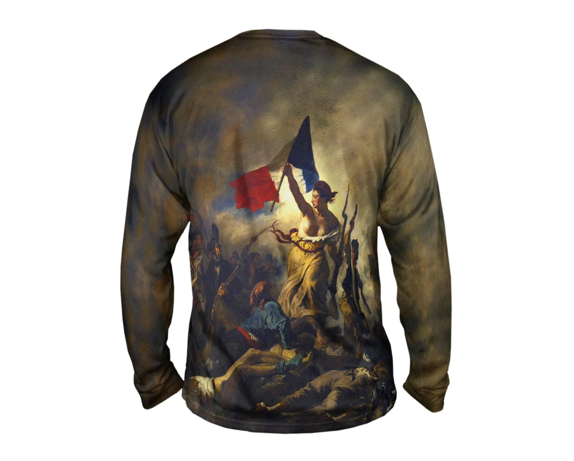 Zdjęcie przedstawia bluzę z fragmentem obrazu. Obraz ukazuje kobietę o krótkich włosach ubraną w rozerwaną, długą sukienkę, która odkrywa jej piersi. Kobieta trzyma w uniesionej go góry dłoni flagę Francji. W lewej dłoni natomiast trzyma broń. Wokół niej znajdują się mężczyźni w stonowanych strojach, z bronią w ręku. Na pierwszym planie obrazu przedstawieni są ludzie leżący jeden na drugim, są martwi. Część z nich pozbawiona jest fragmentów swojej odzieży.