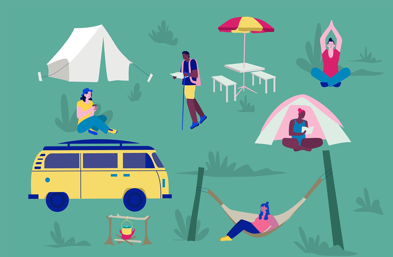 Grafika przedstawia kemping, na którym widoczne są (od lewego górnego rogu grafiki): rozbity biały namiot; idący mężczyzna, ubrany na sportowo, z plecakiem na plecach, mapą w ręku i kijkiem do nordic walking; biały stolik z czerwono‑żółtym parasolem i dwie białe ławki; kobieta ćwicząca jogę; kobieta siedząca i trzymająca w dłoniach kubek; różowo‑biały namiot, przed którym po turecku siedzi kobieta trzymająca w rękach książkę; żółty samochodu typu van; ognisko z zawieszonym nad paleniskiem kociołkiem; rozwieszony hamak, na którym siedzi kobieta.
