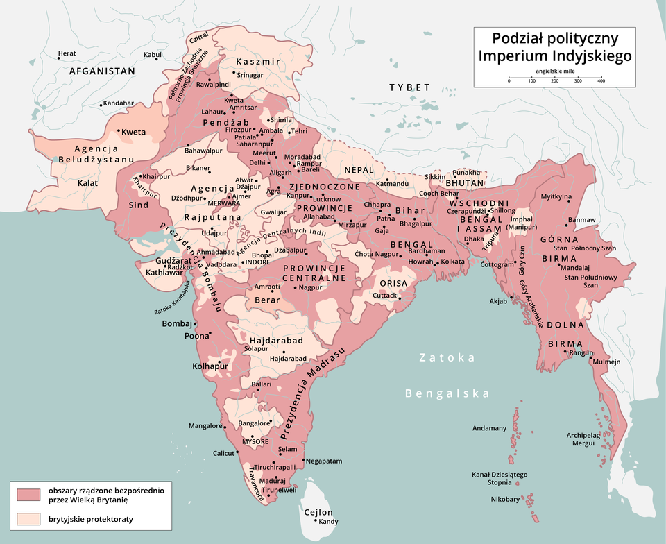 Mapa przedstawia podział polityczny Imperium Indyjskiego. Obszary rządzone bezpośrednio przez Wielką Brytanię to na północy Sind, Pendżab, Zjednoczone Prowincje, Bihar,  Bengal, Wschodni Bengal i Assam, Górna i Dolna Birma. W centrum były to Prowincje Centralne. Na południu była to Prezydencja Madrasu. Brytyjskie protektoraty to w środkowej części Hajdrabad, w północnej Agencja Rajputana i Orisa. Całkiem na północy były to Kalat, Kaszmir, Nepal i Bhutan.