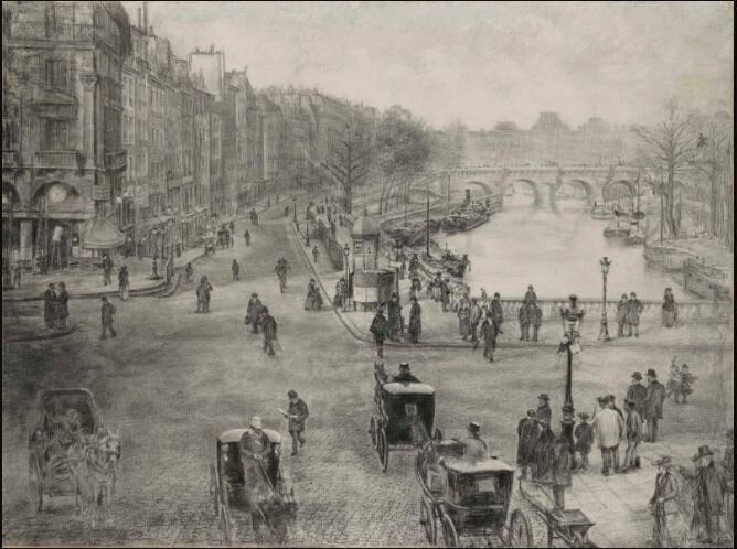 Obraz przedstawia plac Saint Michel w Paryżu na początku XX wieku. Przez szeroki plac i łączące się z nim ulice przejeżdżają liczne dorożki. Ludzie przechodzą przez ulice. Chodzą chodnikami. Na drugim planie widoczny jest fragment rzeki, a w oddali majaczy się sylwetka mostu. Wzdłuż ulic widać liczne kamienice.