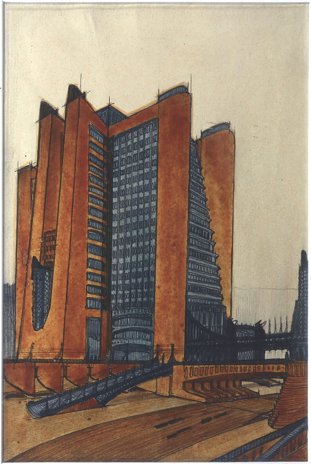 Ilustracja przedstawia obraz Antoniego Sant'Elia, „La Cita Nuova”. Na obrazie znajduje projekt architektoniczny wysokiego wieżowca. Budynek jest pomarańczowo-granatowy. Przed budynkiem znajduje się wiadukt.