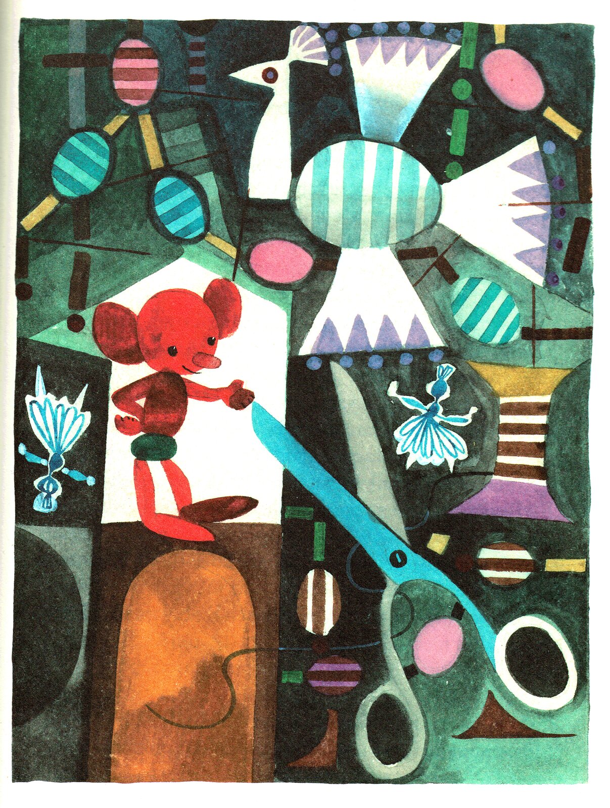 Ilustracja przedstawia pracę Zbigniewa Rychlickiego z książki Marii Kownackiej "Plastusiowy pamiętnik". Ukazuje Plastusia, czyli maleńkiego ludzika z plasteliny, umiejscowionego naprzeciwko dużych nożyczek. Dokoła znajdują się wycinanki przedstawiające między innymi ogromnego ptaka, szpulę, lizaki i malutkie postacie baletnic. Wszystkie elementy są rozłożone na ciemnozielonym tle.