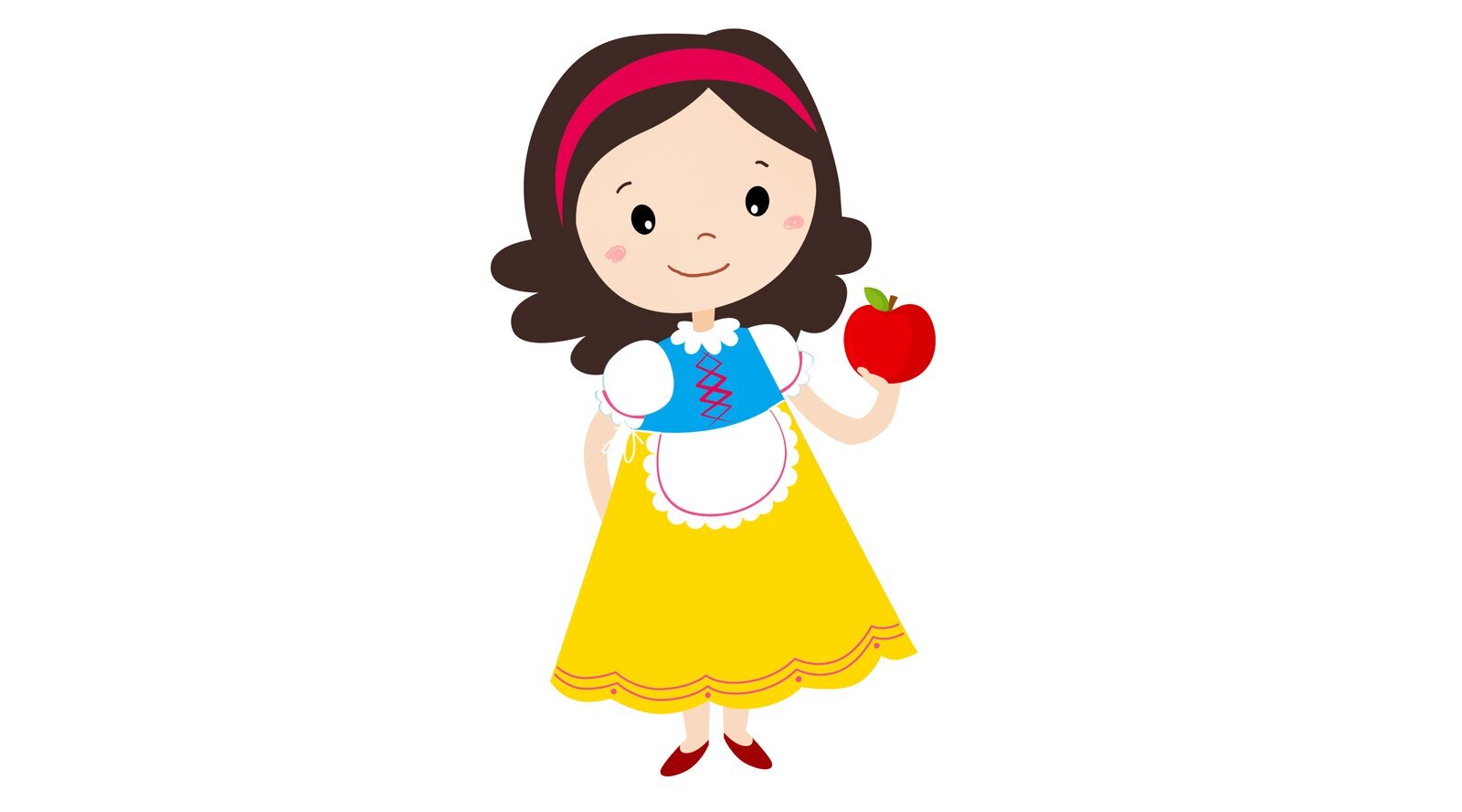 Ilustracja przedstawia dziewczynkę w strojnej sukience z jabłkiem w ręku.