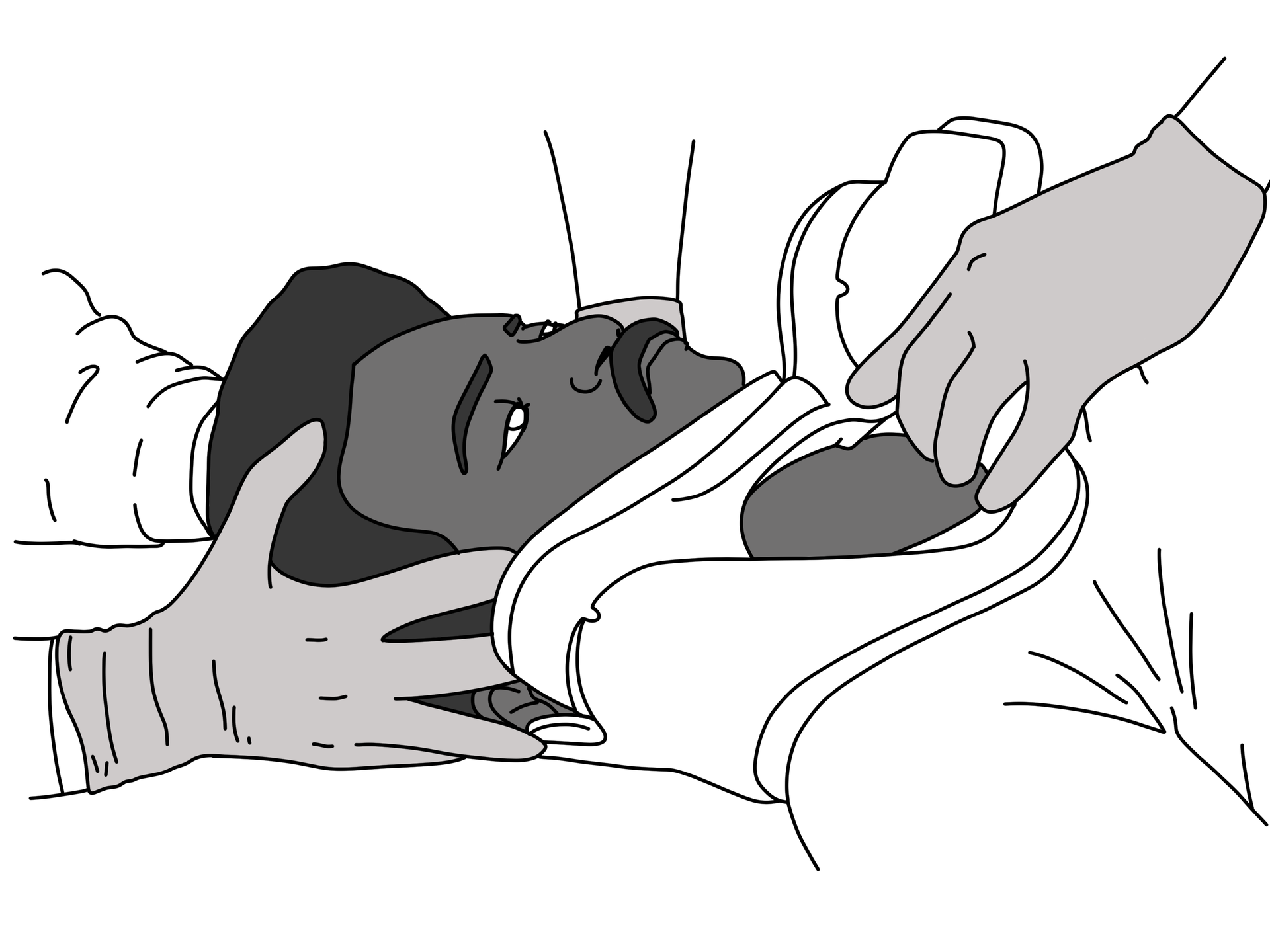 Kliknij, aby powiększyć. Ilustracja przedstawia czarnoskórego mężczyznę, który leży na ziemi i jest ujęty od ramion w górę. Ma gęste czarne włosy, gęste brwi i wąsy nad ustami. Mężczyzna patrzy w górę. Zakładany jest mu kołnierz ortopedyczny przez dwie dłonie, które należą do niewidocznej na ilustracji postaci. Druga para dłoni przytrzymuje mężczyźnie głowę. Obie pary dłoni mają założone rękawiczki. Ilustracja utrzymana jest w odcieniach szarości i bieli.