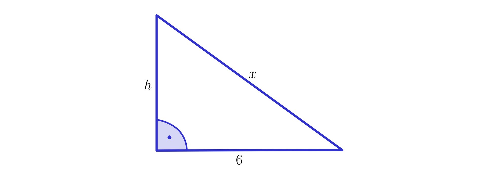 Ilustracja przedstawia trójkąt prostokątny. Przyprostokątne mają długość sześć i h, natomiast przeciwprostokątna ma długość x. 