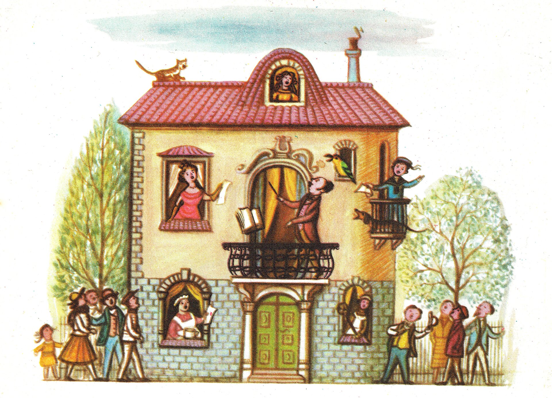 Ilustracja przedstawia pracę Olgi Siemaszko z książki Juliana Tuwima "Wiersze dla dzieci". Ukazuje duży dom, w którego oknach i na balkonie znajdują się postacie. Wszyscy wykonują piosenkę. Dom jest dekorowany nad oknami, wejście zdobione jest kolumnami. Na czerwonym dachu siedzi kot. Po obu stronach domu przedstawione są osoby które również śpiewają. Przy domu stoi płot, za którym rosną drzewa.