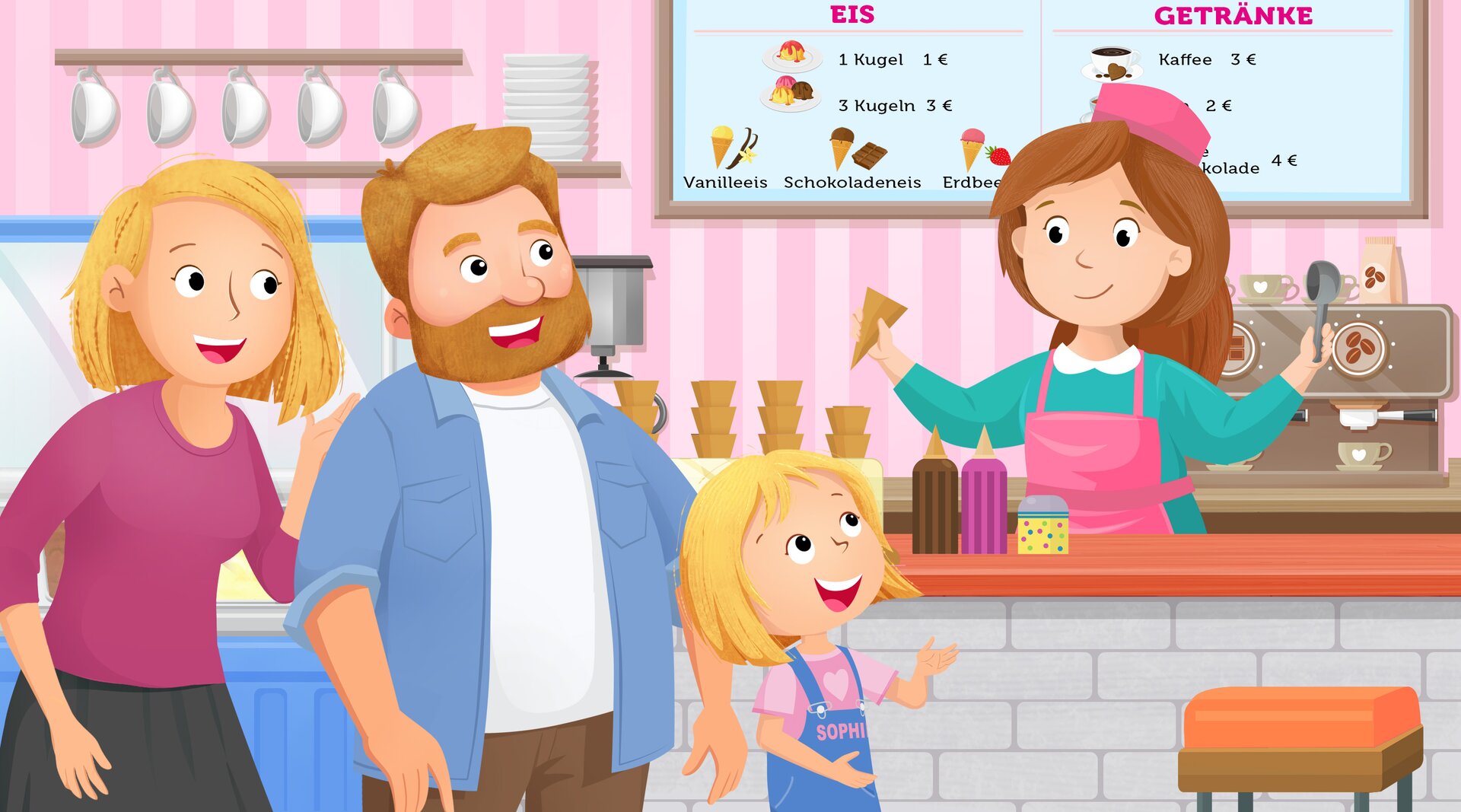 Ilustracja przedstawia mamę, tatę i córkę w lodziarni. Ekspedientka trzyma w ręce pusty wafelek lodowy oraz gałkę do nakładania lodów i czeka, aż dziewczynka wybierze smak dla siebie.