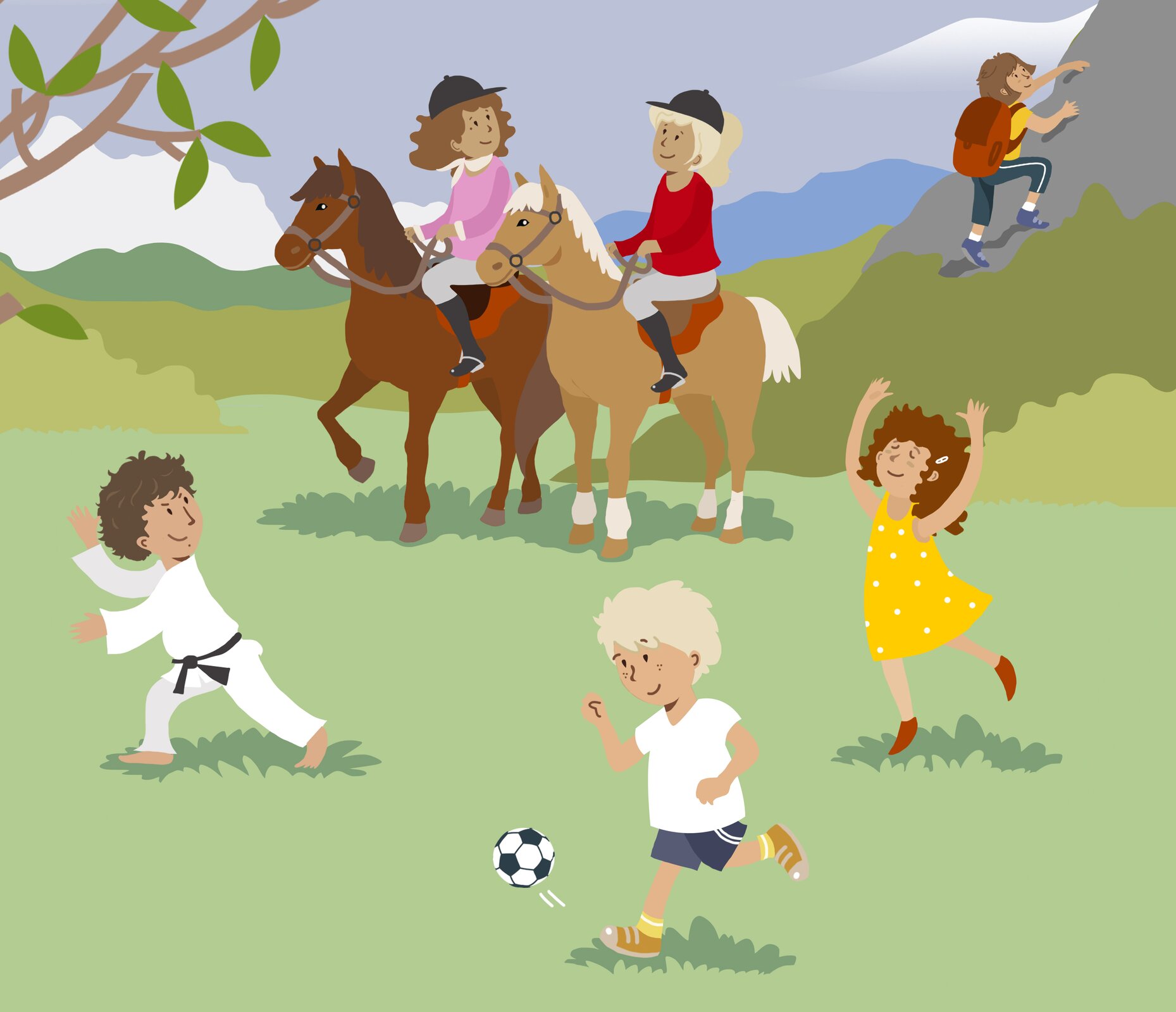 Na grafice widoczne są dzieci na trawiastym terenie. Dwie dziewczynki jeżdżą na koniach, chłopiec w białym kimonie ćwiczy sztuki walki, jest też piłkarz. Dzieci reprezentują różne dyscypliny sportowe. 