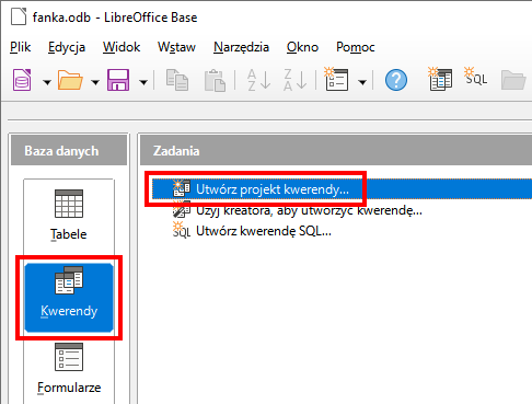 Zrzut ekranu przedstawia zaznaczono kwerendy z sekcji Bazdy danych.  W sekcji Zadania zaznaczono: Utwórz projekt kwerendy.
