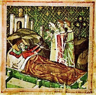 Ilustracja przedstawia młodego mężczyznę w leżącego w łożu. Ubrany jest w czerwoną koszulę i koronę na głowie. Przykryty jest do pasa brązową narzutą. Mężczyzna wyciąga ręce do trzech osób stojących przy jego łóżku (kobiety z niemowlakiem na rękach oraz dwóch młodych mężczyzn w koronach). Za łożem, w którym leży mężczyzna widać skałę oraz kontur zamku.