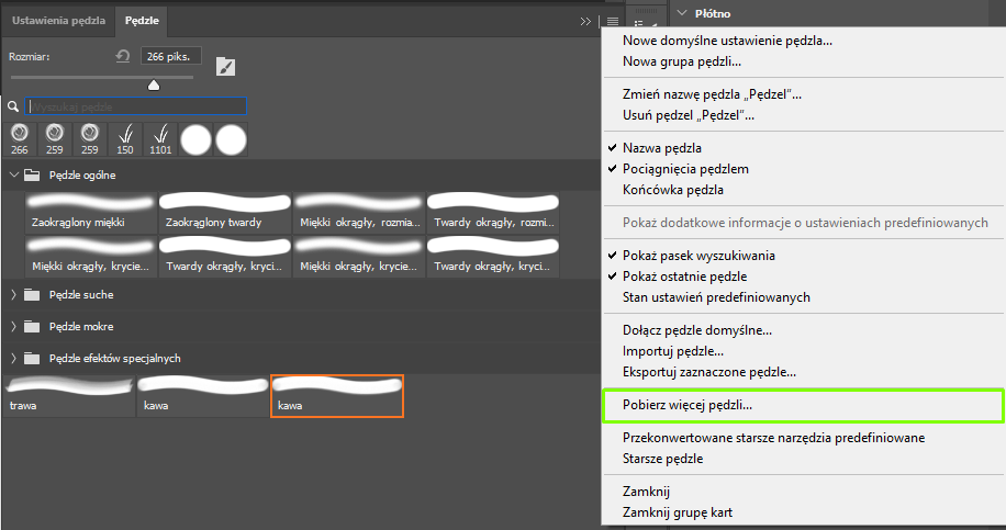 Ilustracja przedstawia otwartą zakładkę: Pędzle, w której są różne rodzaje pędzli. Obok jest rozwinięta lista, na której zaznaczono opcję: Pobierz więcej pędzli.
