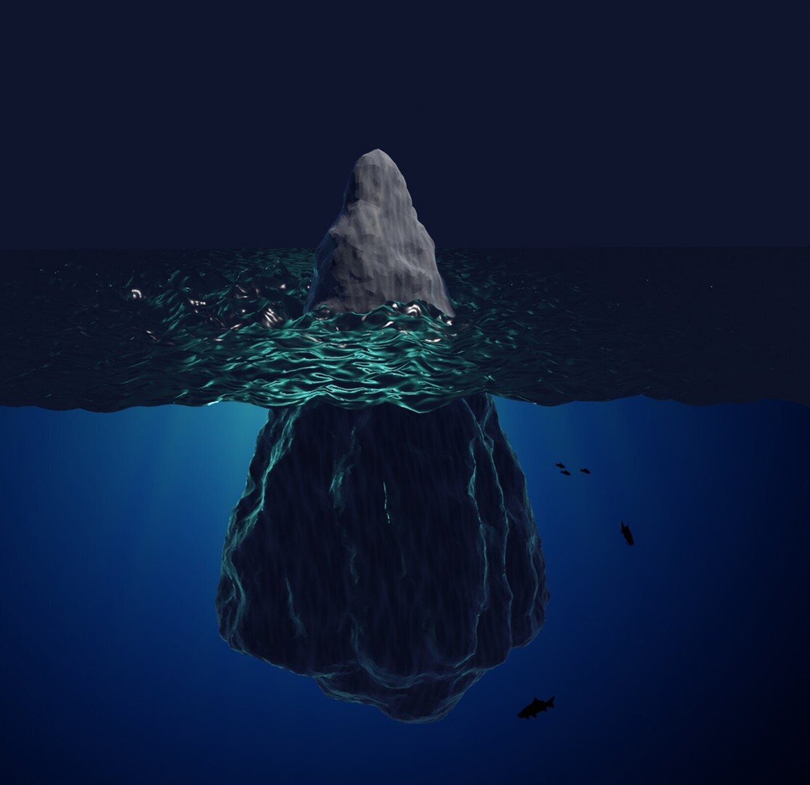 Rysunek przedstawia bryłę lodu pływającą w wodzie. Bryła ma kształt zbliżony do stożka, dolna część jest szeroka, a u góry kończy się wąskim czubkiem. Większa część bryły lodu znajduje się pod powierzchnią wody, nad powierzchnia wystaje tylko koniec czubka.