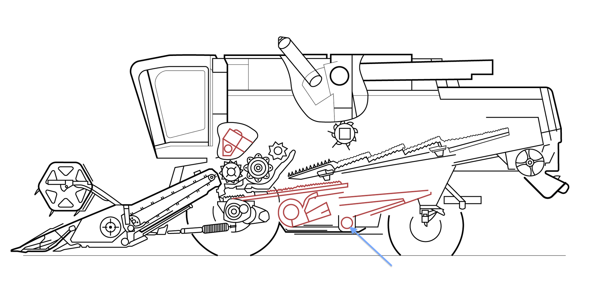 Grafika przedstawia schemat budowy kombajnu zbożowego. Kolorem czerwonym zaznaczono zespół czyszczący. Niebieską strzałką wskazany został jeden z elementów budowy zespołu młócącego – podajnik kłosowy. Znajduje się on na samym dole zespołu czyszczącego, poniżej kanału kłosowego. Na podajnik kłosowy spadają niewymłócone kłosy.