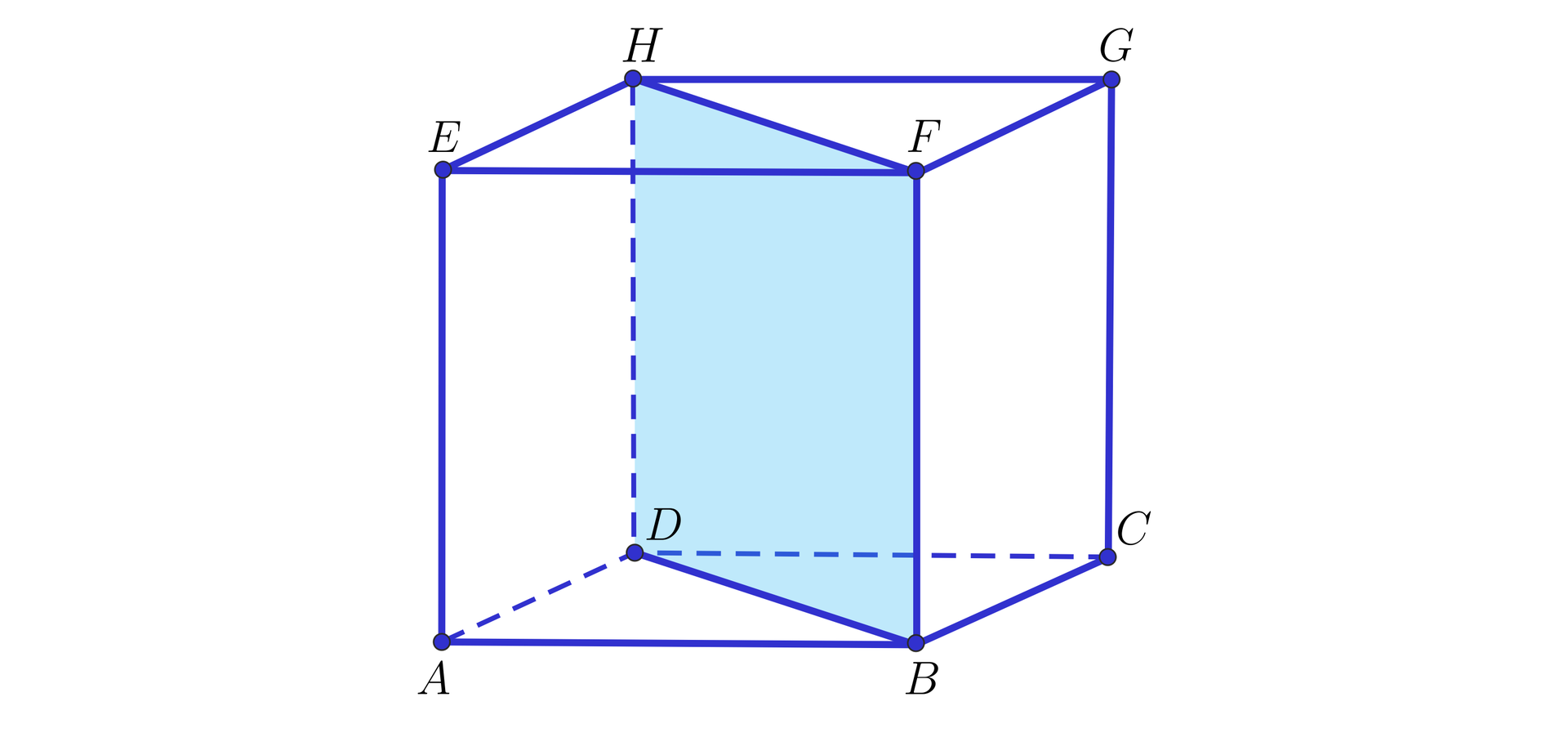 Grafika przedstawia sześcian, którego wierzchołki dolnej podstawy opisano A, B, C, D, a wierzchołki górnej podstawy opisano: E, F, G, H. Wierzchołki B, D, F, H tworzą płaszczyznę, której krawędziami są przekątne podstaw i krawędzie ścian bocznych.