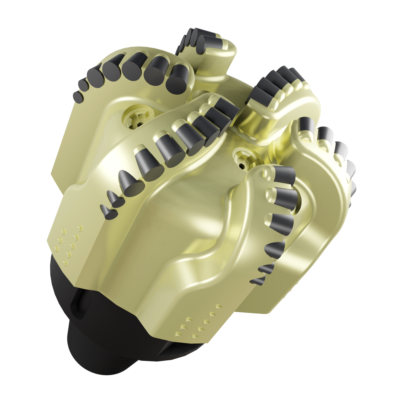 Na ekranie widać model przedstawiający świder skrawający (PDC). Świder PDC jest to narzędzie wiercące pozwalające na zwiercanie powierzchni kołowej otworu wiertniczego. Wykonany jest jako korpus stalowy, z naniesiona matrycą wraz z zamocowanymi ostrzami zakończonymi płytkami z polikrystalicznego diamentu (Polycrystalic diamond cutters). Świder ten urabia skałę przez skrawanie.
Są to świdry zaliczane do świdrów diamentowych wyposażone w ostrza z polikrystalicznych diamentów syntetycznych. Charakteryzują się stalowym lub matrycowym kadłubem z węglika wolframu, a także segmentowym, żebrowym lub skrzydłowym rozmieszczeniem ostrzy. Ostrza do kadłubów świdra PDC są przyspawane twardym spiekiem w specjalnych do tego przeznaczonych gniazdach. Wyróżnia się trzy główne kształty profilu roboczej powierzchni kadłuba świdrów: płaską lub lekko wygiętą, stożkową lub bardzo głęboko wygiętą oraz paraboliczną. Na jakość pracy świdra typu PDC ma wpływ wysokość wystawania ostrzy nad powierzchnię kadłuba. Im większa wysokość tym lepsze oczyszczanie dna otworu ze zwiercin jednak mniejsza wytrzymałość na nacisk osiowy. Tego typu świdry zwiercają urabianą skałę poprzez skrawanie.
W rzucie widać urządzenie mechaniczne, którego podstawą jest czarny gwintowany czop w kształcie lejka. Przedłużenie czopa stanowi czarny cylindryczny element, na którym osadzony jest kadłub o powierzchni lekko wygiętej. Kadłub składa się z wypukłych segmentów o grubszej podstawie i zaokrąglonej lewej stronie. Po prawej stronie segmentów widać wypukłe półokrągłe gniazda, w których osadzone są stożkowe cylindryczne ostrza. W zależności od segmentu znajduje się w nim od sześciu do dziewięciu ostrzy. Przy podstawie każdego segmentu kadłuba znajduje się dziewięć nitów. Jest to zbrojenie wzmacniające. Nity są ułożone w dwóch pionowych rzędach. Pierwszy zawiera trzy elementy, drugi dziewięć elementów.
Na podstawie kadłuba pomiędzy segmentami z ostrzami widać okrągłe otwory z dyszą płuczkową.
W rzucie widać, że urządzenie zbudowane jest z sześciu takich samych segmentów z ostrzami, które z góry przybierają kształt spirali. Na całej powierzchni kadłuba widać sześć okrągłych otworów, w których znajduje się dysza z płuczką. Otworu znajdują się w okrągłych zagłębieniach, w których wycięty jest kształt w formie znaku plus. W środka znaku znajduje się otwór z dyszą.