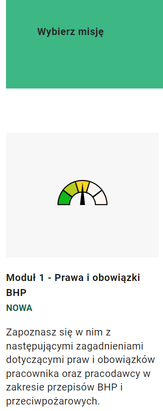 Ilustracja przedstawia przykładowy ekran wyboru misji w interaktywnym narzędziu typu scenario‑based learning.