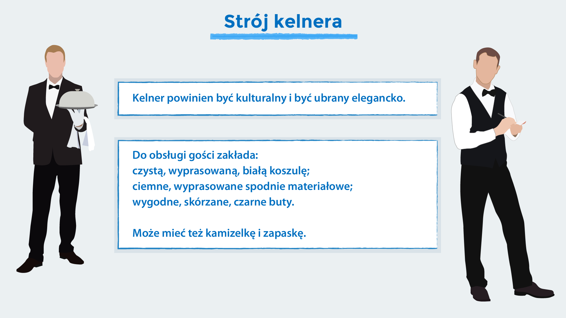Grafika przedstawiająca dwie postaci kelnerów płci męskiej stojących po lewej oraz prawej stronie obrazka. Kelner stojący po lewej stronie trzyma w dłoni tacę z jedzeniem, natomiast kelner stojący po prawej stronie trzyma w dłoni notatnik oraz długopis. Pośrodku grafiki znajduje się treść: Strój kelnera. Kelner powinien być kulturalny i być ubrany elegancko. Do obsługi gości zakłada: czystą, wyprasowaną, białą koszulę; ciemne, wyprasowane spodnie materiałowe; wygodne, skórzane, czarne buty. Może mieć też kamizelkę i zapaskę.