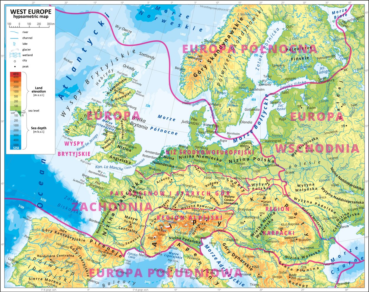 Zdjęcie przedstawia mapę hipsometryczną Europy Zachodniej, West Europe hypsometric map. Oznaczone zostały rejony: Europa Północna, Europa Wschodnia, Europa Zachodnia, Europa Południowa. W obszarze Europy Zachodniej wyróżnione zostały Niż Środkowoeuropejski, Pas basenów i Starych Gór, Region Alpejski, Region Karpacki, Wyspy Brytyjskie.   