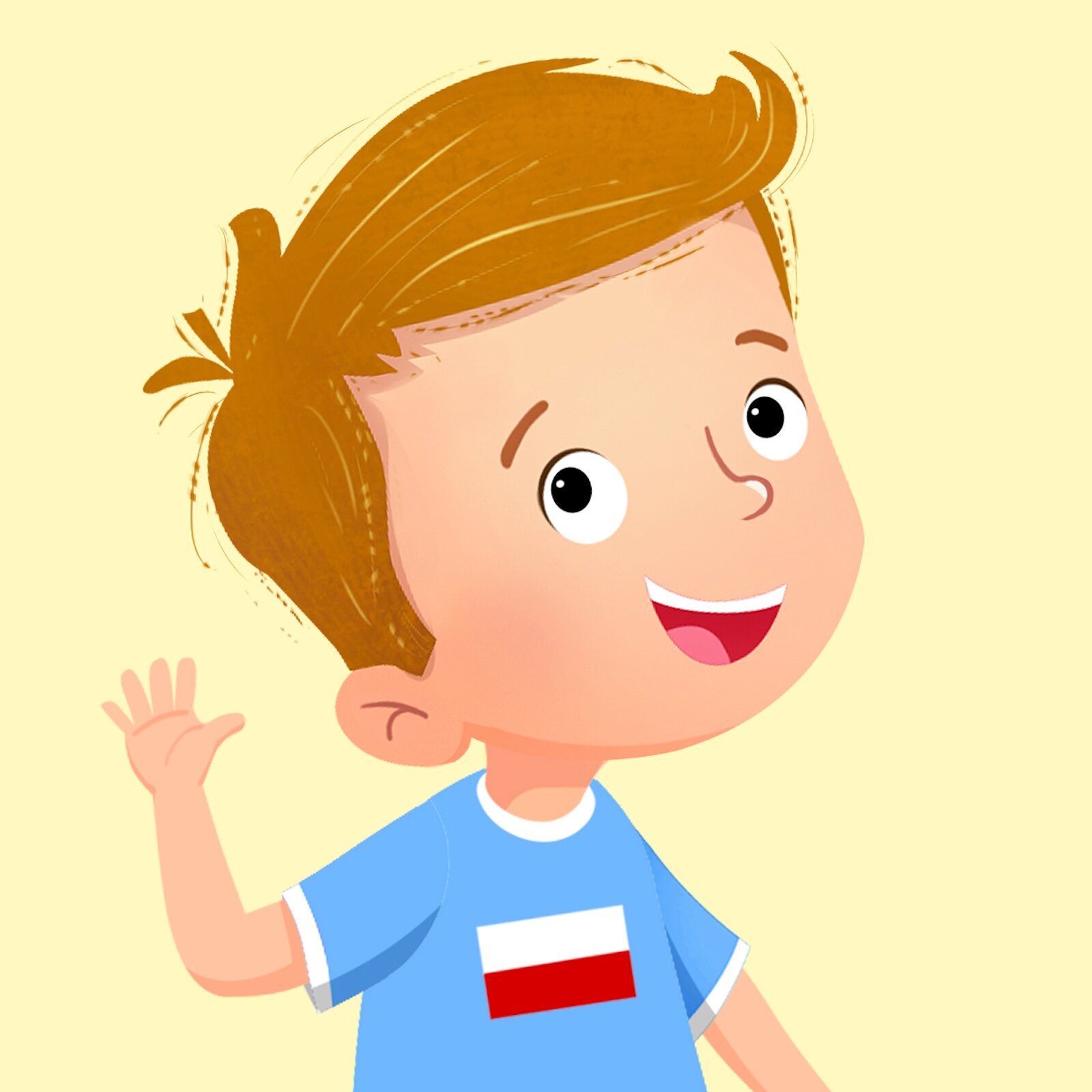 Ilustracja przedstawia chłopca, który macha ręką. Na jego koszulce znajduje się flaga Polski.