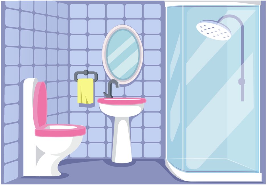 Ilustracja przedstawia łazienkę, w której jest toaleta, umywalka, lustro i prysznic.