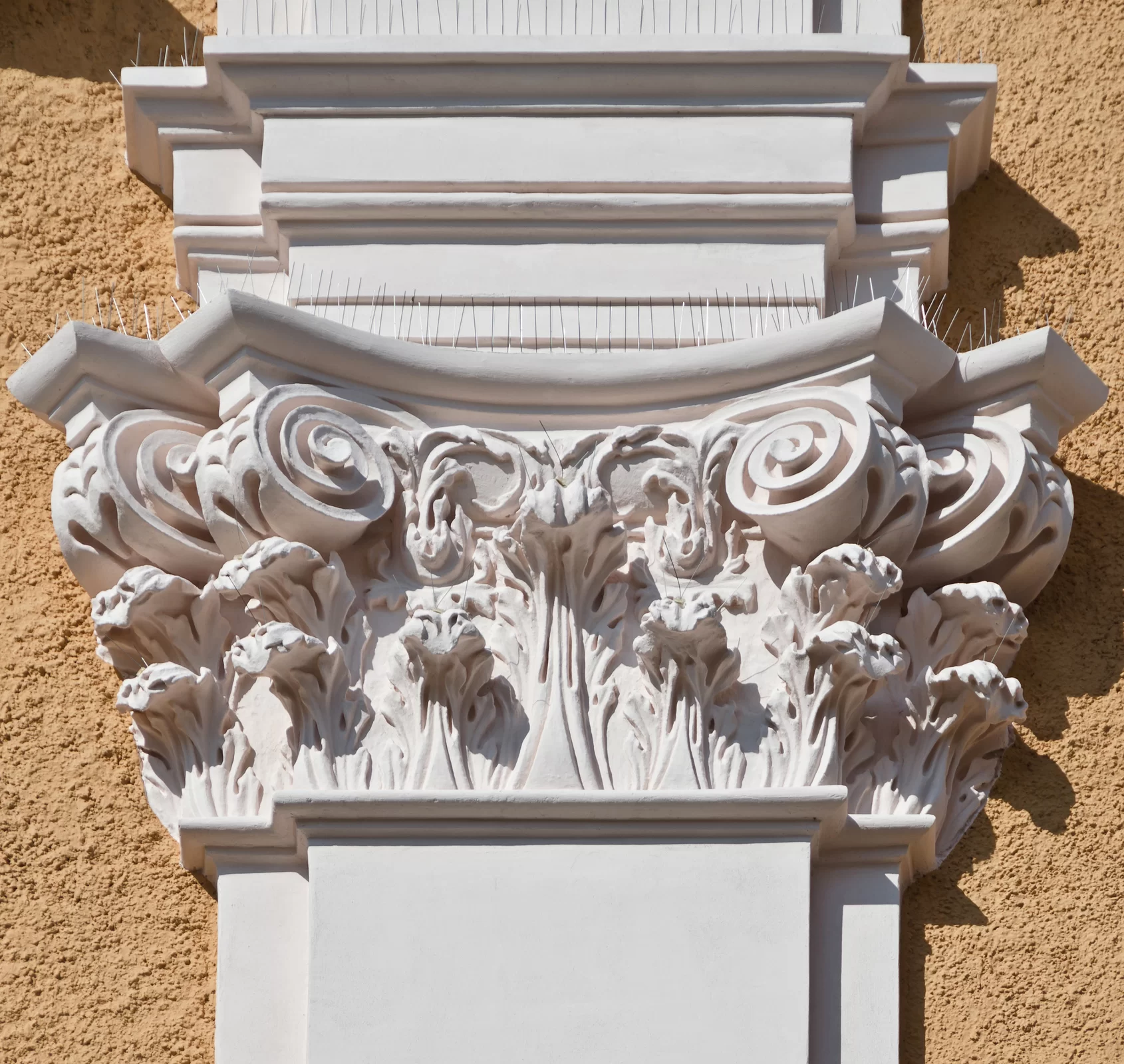 Zdjęcie przedstawia kapitel w porządku kompozytowym pilastra dekorowanego ornamentem roślinnym. Na fotografii został ukazany fragment beżowej elewacji.  Znajduje się na niej płaski, biały, ozdobny filar.