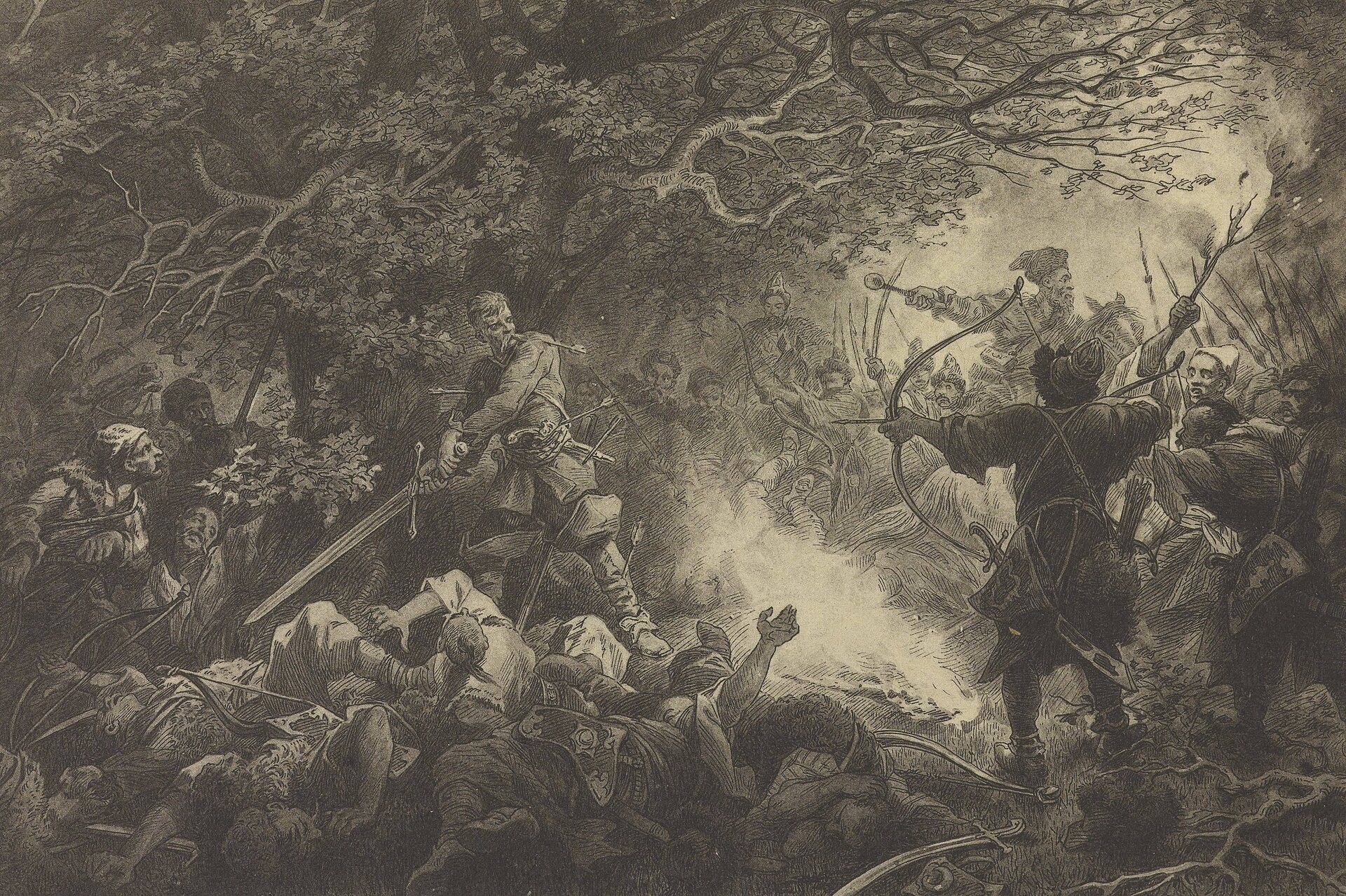 Ilustracja przedstawia leśną polanę. Grupa łuczników ubranych w futrzane kubraki i czapki otacza bardzo wysokiego mężczyznę. Mężczyzna ma sumiaste wąsy i włosy obcięte „pod miskę”. Trzyma oburącz długi miecz. Jego ciało jest poranione, przybite strzałami w kilku miejscach. Pod jego nogami leżą ciała kilku martwych mężczyzn z łukami.