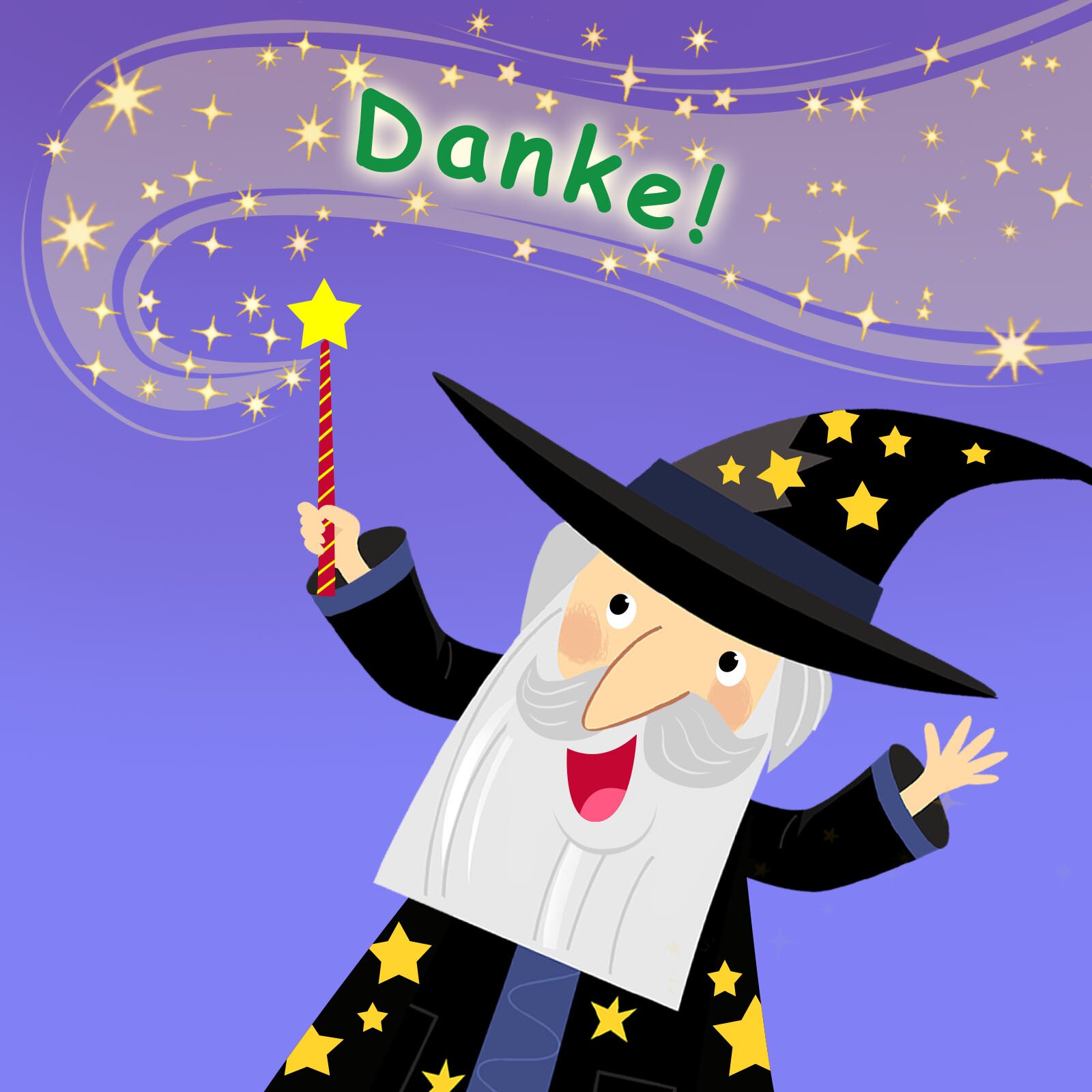 Ilustracja ukazuje czarownika trzymającego różdżkę, który właśnie wyczarowuje wyraz:   Danke! 