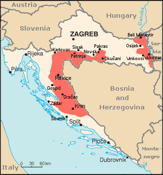 Mapa przedstawia Republikę Serbskiej Krajiny, która od północy graniczy ze Słowenią i Węgrami, od wschodu z Serbią, a od południa z Bośnią i Hercegowiną. Republika Serbskiej Krajiny posiada stolicę w Zagrzebiu. Na jej terenie kolorem czerwonym zaznaczono obszar wokół znacznej części Bośni i Hercegowiny oraz po wschodniej stronie na granicy z Serbią.