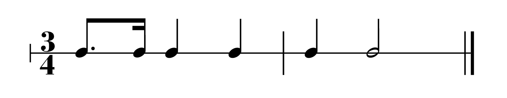 Grafika przedstawia zapis rytmu Mazura. Pierwszy takt rozpoczyna się od ósemki z kropką oraz szesnastki, na drugą oraz trzecią miarę grane są ćwierćnuty. Drugi takt rozpoczyna się od ćwierćnuty, na drugą miarę grana jest półnuta.