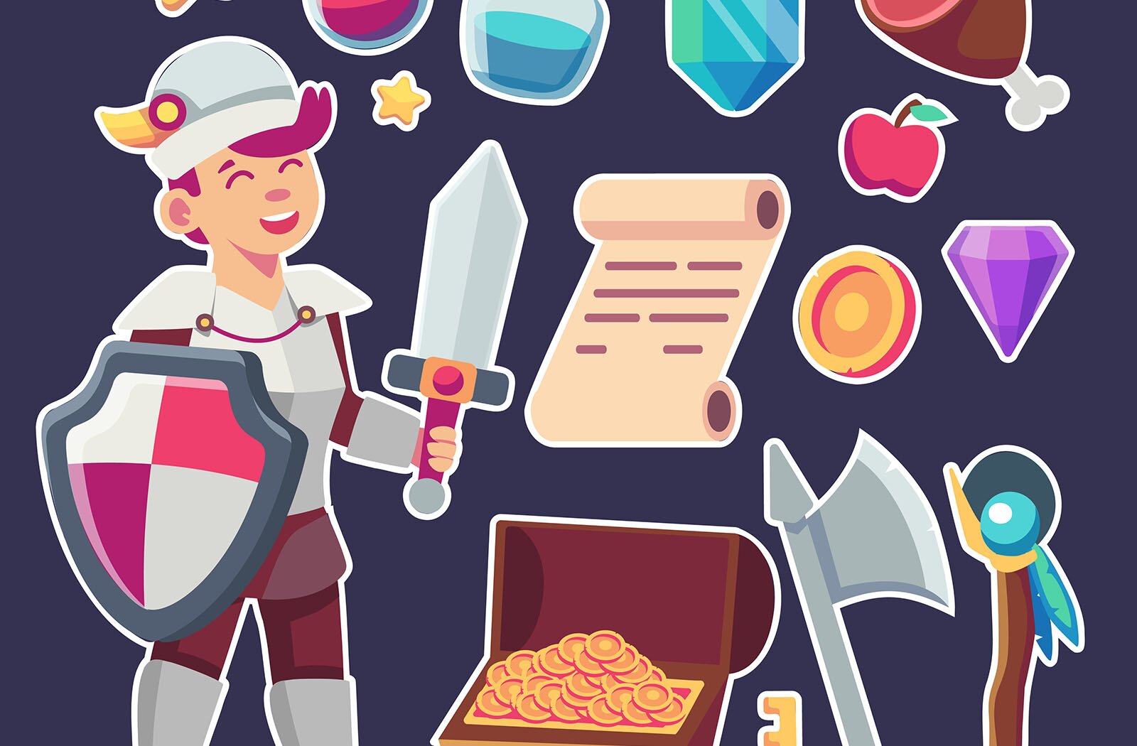 Ilustracja przedstawia chłopca przebranego w strój rycerza, trzymającego miecz i tarczę. Przed nim widoczna skrzynia ze złotymi monetami, zwój papirusu i siekiera.