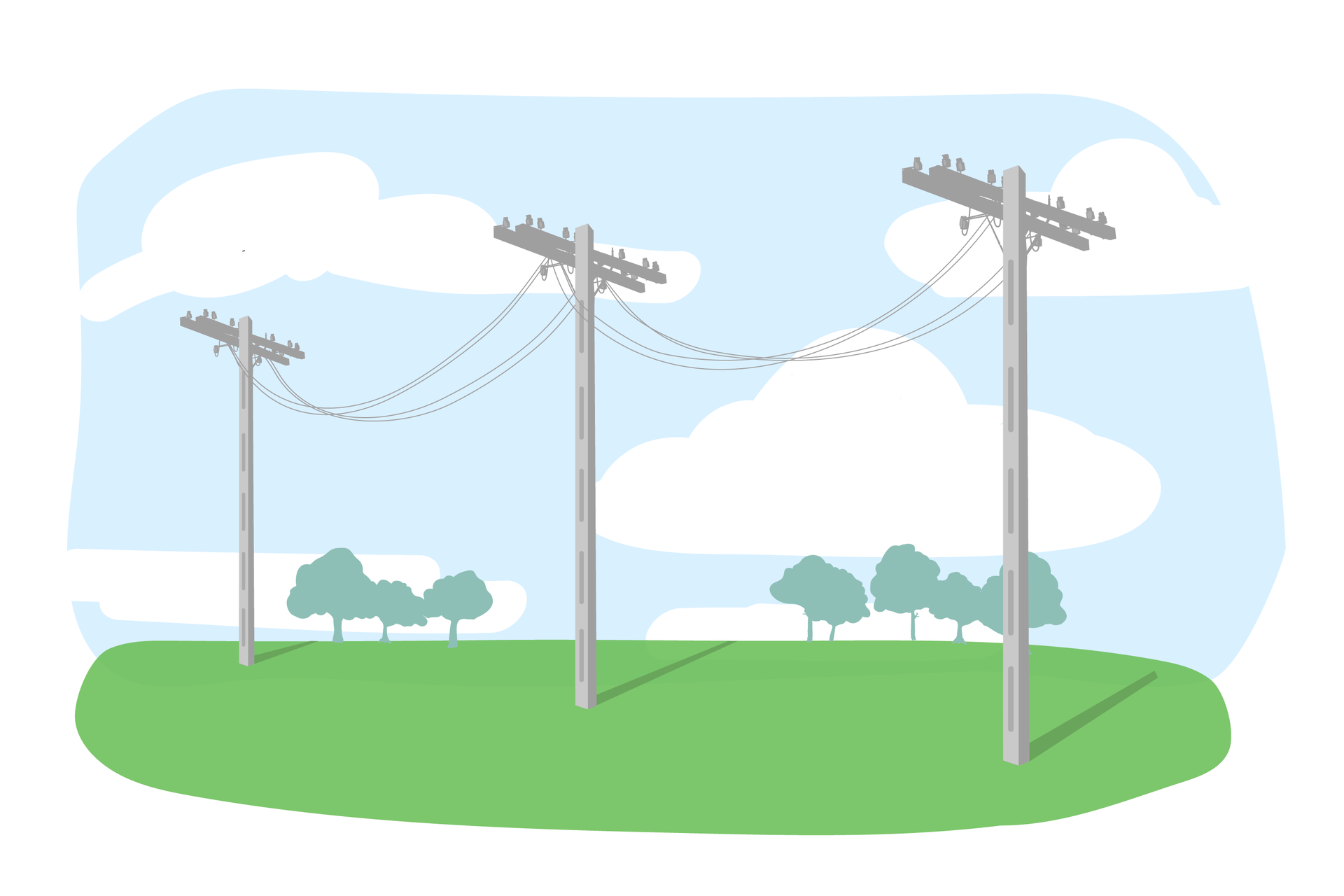 Ilustracja przedstawia sieć wysokiego napięcia latem – widać, że przewody elektryczne luźno zwisają pomiędzy kolejnymi słupami.