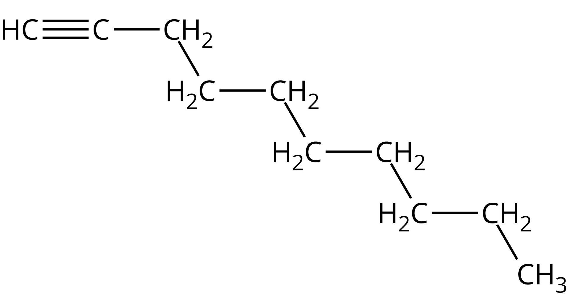 Ilustracja przedstawia cząsteczkę dec-1-ynu. Budowa: atom wodoru H połączony z atomem węgla C tworzącym wiązanie potrójne z kolejnym atomem węgla, połączonym wiązaniem pojedynczym z pierwszą z siedmiu kolejno połączonych ze sobą grup metylenowych CH2, z których ostatnia podstawiona jest grupą metylową CH3.