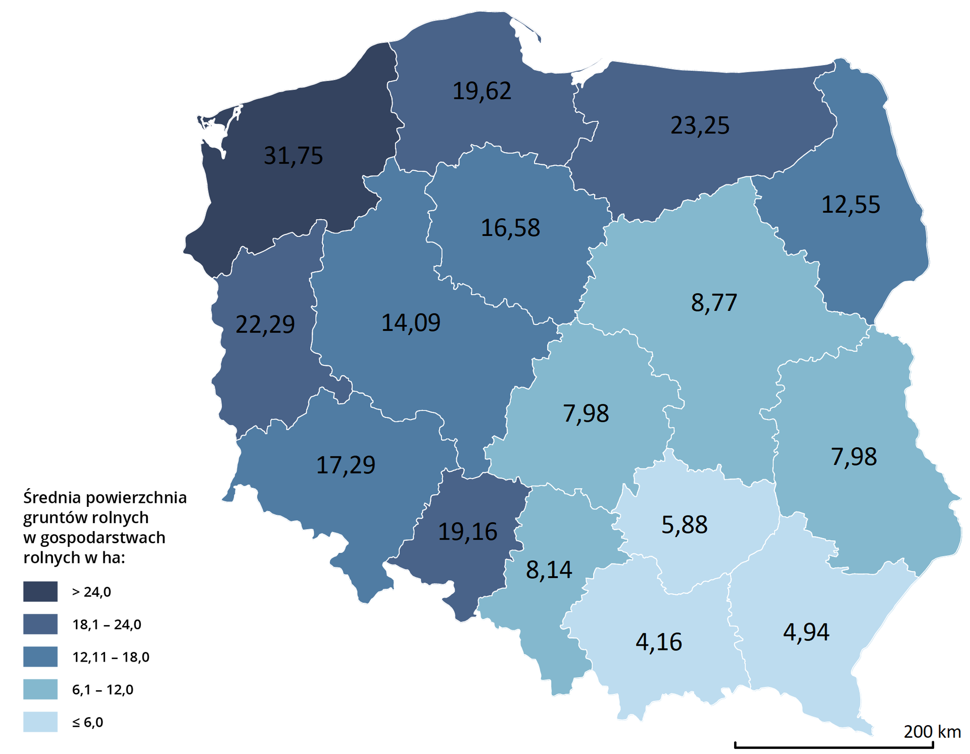 Mapa Polski przedstawia średnią powierzchnię gruntów rolnych. Powyżej 24 hektarów występuje w województwie zachodniopomorskim. Od 18,1 do 24 hektarów występuje w województwie pomorskim, warmińsko mazurskim, lubuskim oraz opolskim. Od 12,11 do 18 hektarów występuje w województwie Podlaskim, kujawsko pomorskim, wielkopolskim oraz dolnośląskim. Od 6,1 do 12 hektarów występuje w województwie śląskim, łódzkim, mazowieckim oraz lubelskim. Poniżej 6 hektarów występuje w województwie świętokrzyskim, małopolskim oraz podkarpackim.