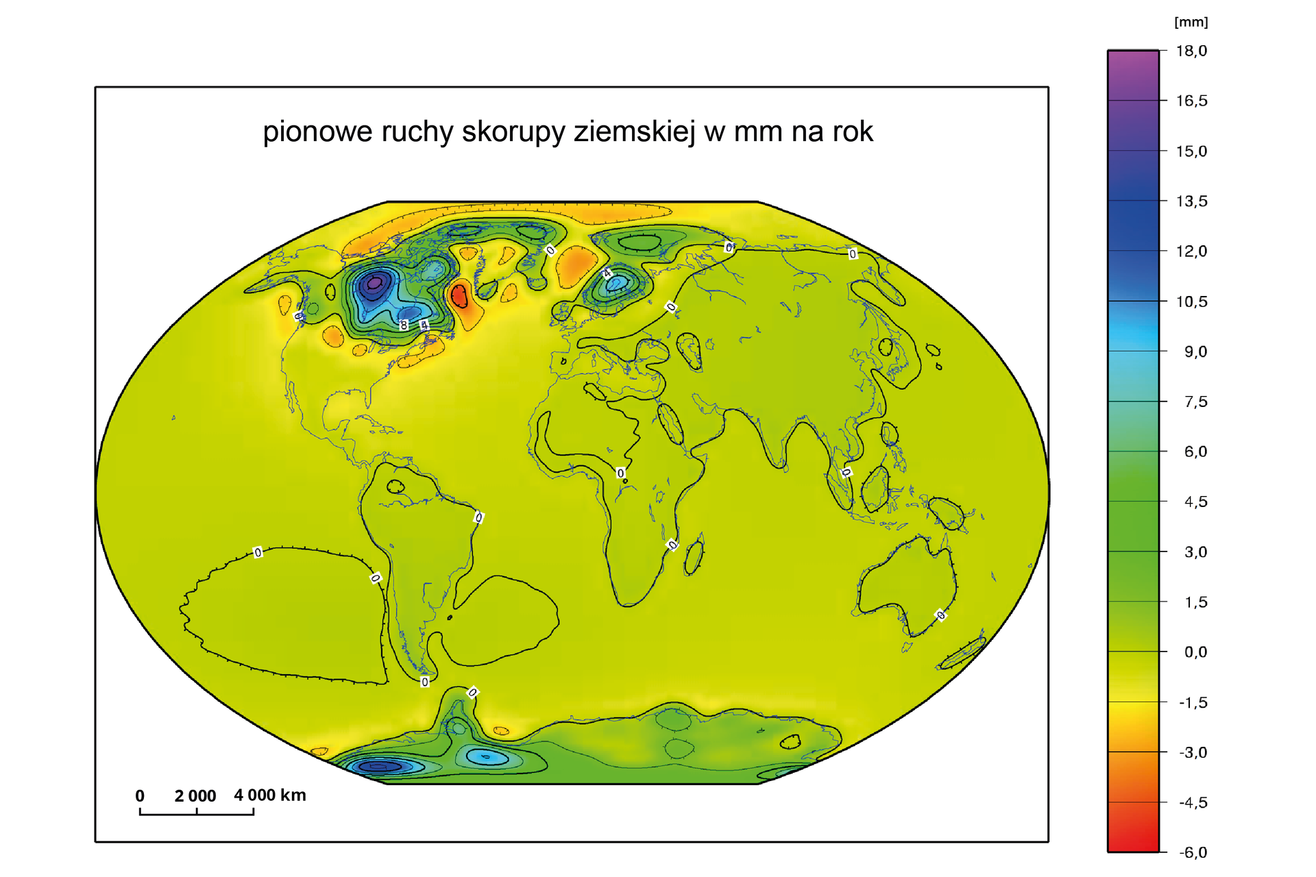 Mapa świata przedstawia pionowe ruchy skorupy ziemskiej w milimetrach na rok. Około 18 milimetrów występuje w północno wschodniej Ameryce Północnej. Około 10 milimetrów występuje w północno wschodniej Ameryce Północnej, w zachodniej Antarktydzie. Około 3 milimetrów występuje na Antarktydzie, krajach skandynawskich, Arktyce, północnej Ameryce Północnej. Na pozostałych terenach występuje około minus 1,5 milimetra.