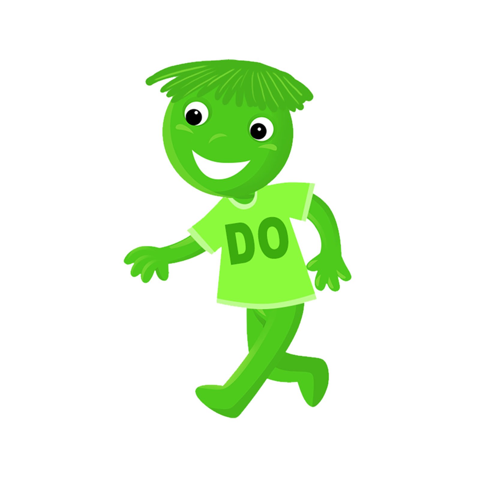 Ilustracja przedstawia zielonego ludzika w koszulce z napisem Do.