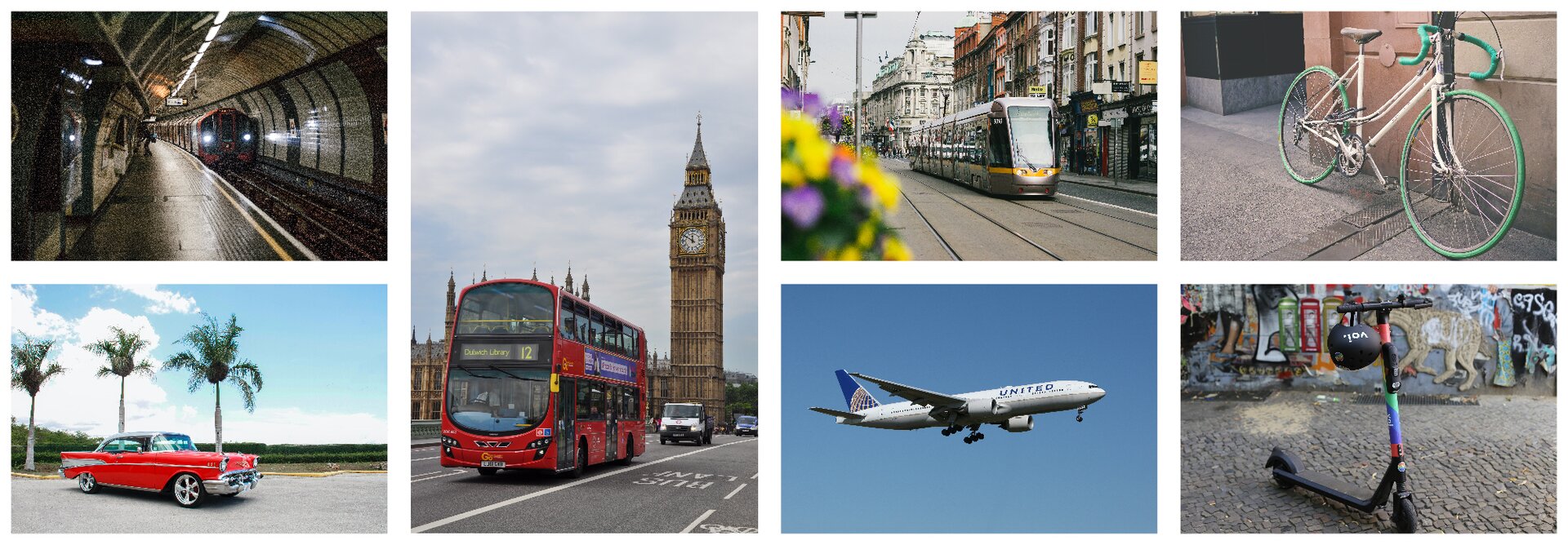 Grafika składa się z 7 zdjęć zestawionych ze sobą. Zdjęcia po kolei przedstawiają: stację metra, samochód, autobus, tramwaj, samolot, rower oraz hulajnogę elektryczną.