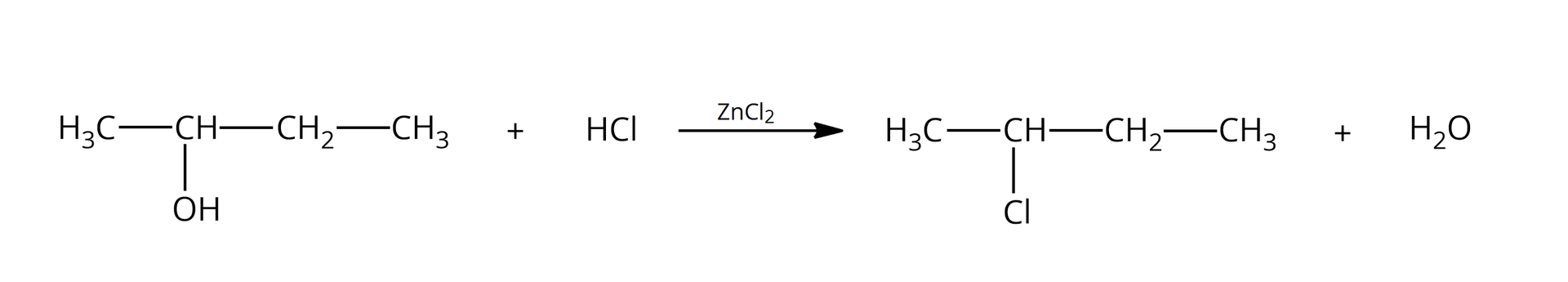 Ilustracja przedstawia równanie: <math aria‑label="C H indeks dolny, trzy, koniec indeksu dolnego, — C H O H — C H indeks dolny, dwa, koniec indeksu dolnego, — C H indeks dolny, trzy, koniec indeksu dolnego, plus, H C l, zet en C l indeks dolny, dwa, koniec indeksu dolnego, powyżej, strzałka w prawo, C H indeks dolny, trzy, koniec indeksu dolnego, — C H C l — C H indeks dolny, dwa, koniec indeksu dolnego, — C H indeks dolny, trzy, koniec indeksu dolnego, plus, H indeks dolny, dwa, koniec indeksu dolnego, O">CH3—CHOH—CH2—CH3+HCl→ZnCl2CH3—CHCl—CH2—CH3+H2O.