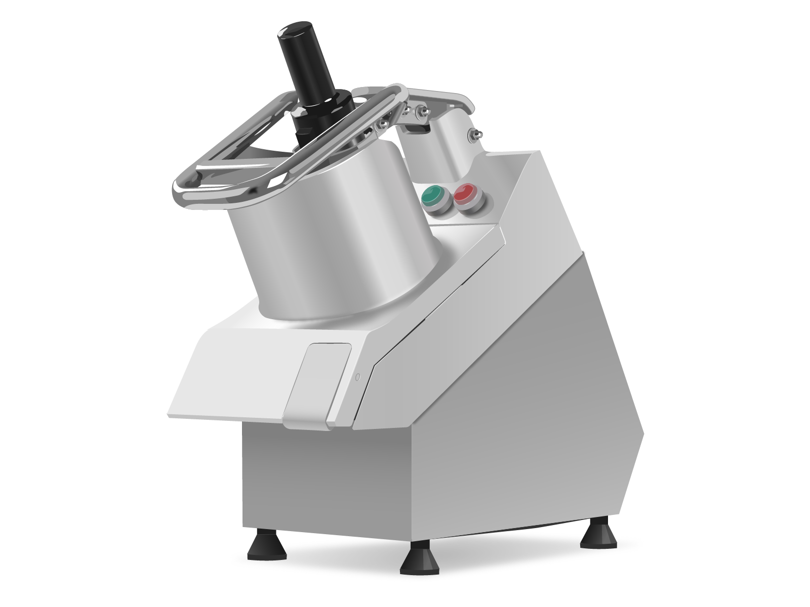 Zdjęcie przedstawia urządzenie do rozdrabniania warzyw, wykonane ze stali nierdzewnej, w ujęciu trzy czwarte. Widoczna jest obudowa umieszczona na krótkich czarnych nóżka, z których widoczne są trzy. W górnej części obudowy znajduje się walec – puszka zasypowa do wrzucania warzyw, z czarnym, walcowatym pokrętłem mocującym. Na obudowie, w górnej, tylnej części, od prawej dwa kółka czerwone i zielone – lampki sygnalizacyjna informujące o pracy obieraczki.